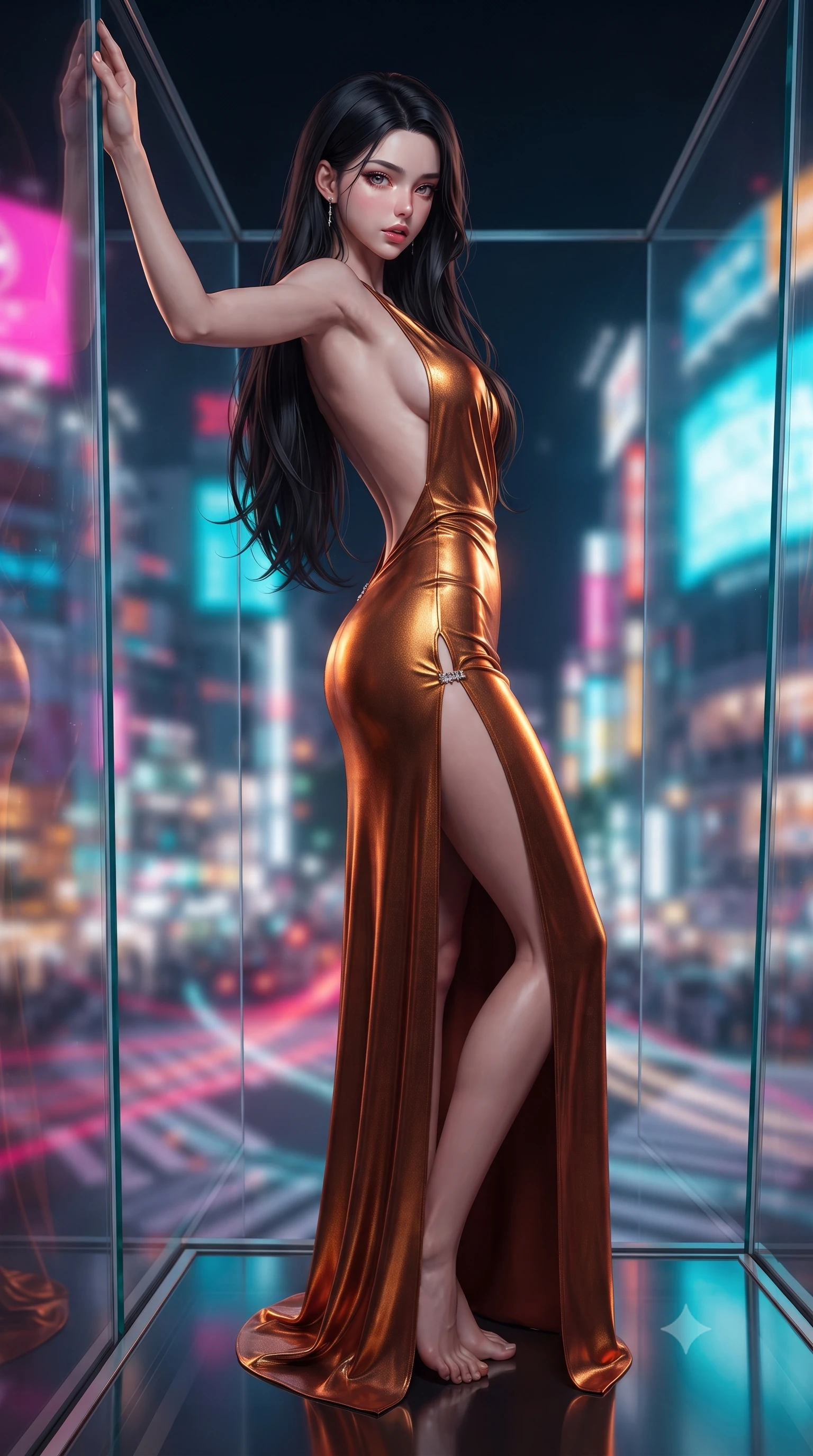 score_9, masterpiece, best quality, ultra-detailed, high-budget anime keyframe, editorial fashion photography, tasteful artistic composition, Korean woman. low angle full-body shot from head to toe showing her feet, filling the entire 9:16 vertical frame with her statuesque presence, stretching her vertical silhouette. leaning deep against the structural architecture with hips cocked in an unapologetically bold, seductive high-fashion stance while leaning deep against the transparent cantilevered glasscube railing suspended 300 meters above Shibuya, hips cocked back as neon crossroads swirl beneath her feet. The composition keeps background elements in soft focus with creamy bokeh. swirling Tokyo neon traffic trails and digital billboard light grids blurred into electric magenta, cyan, and amber bokeh. She has an exceptionally tall and slender model-like 8.5-heads proportion, an ultra-slim waist, a flat toned midriff, narrow delicate ribcage, and beautifully sculpted feminine hips creating a graceful, slim hourglass silhouette without any bulky heaviness, with impossibly long slender legs. sharp v-shaped jawline, high-bridge nose, intricate jewel-like eyes with depth, thick eyelashes, glossy parted lips with a natural sheen, intensely captivating and seductive bedroom-eyes expression, flawlessly proportioned anatomical accuracy, strict slender model proportions, natural body alignment, perfectly sculpted long slender limbs, ultra-slim waistline, clean dynamic posture without body distortion. wearing a liquid-silk jersey evening gown with an ultra-deep plunging open back descending to the base of her spine and a sculpted hip-hugging skirt in rich copper bronze and warm amber, crafted from luxurious metallic lamé that shifts radiance with every step, finished with an ultra-high side slit secured by miniature jeweled clasps, the liquid-tight tailored fabric clinging flawlessly to her narrow waist and rounded feminine hips, emphasizing every millimeter of her sculpted slim hourglass curves without any bulky heaviness. illuminated by wet specular glass bounce lights sculpting her razor-sharp jawline, narrow waist, and curvy hips. ultra-reflective glossy finish, specular highlights, rich textural contrasts, high-contrast stereoscopic depth, volumetric dynamic lighting, 2k, ultra detail, master piece, 9:16 ratio
