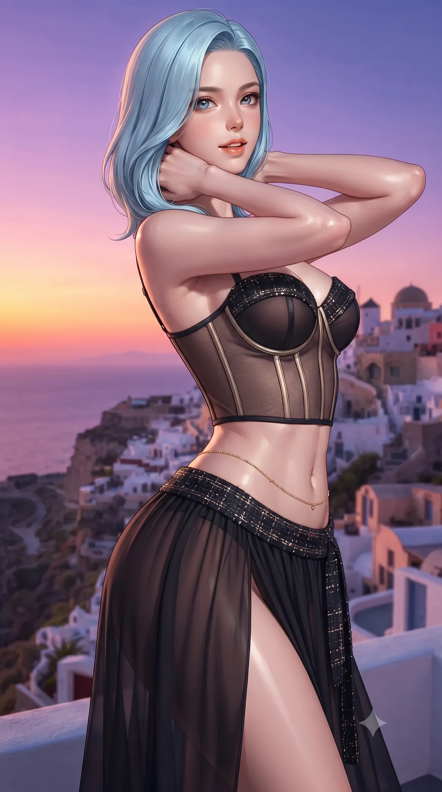 score_9, masterpiece, best quality, ultra-detailed, high-budget anime keyframe, editorial fashion photography, tasteful artistic composition, Korean woman. close-up cowboy shot from the waist and thighs up, the character dominates the composition, filling the frame with her large presence. resting both hands lightly behind her neck with elbows raised, arching her spine to highlight her narrow waist, flat midriff, and breathtaking collarbones while posing in an alluring rear three-quarter angle with hips cocked back, glancing over her shoulder with an enchanting, parted-lip smile. The surrounding environment is rendered in vivid detail and crisp panoramic clarity: detailed garment cut, bodycon tailoring, and clifftop architectural craft in razor-sharp precision. She has an exceptionally elegant, slender, and willowy female figure with an ultra-slim waist, flat toned midriff, narrow ribcage, and sculpted feminine hips creating an alluring, slim hourglass silhouette without bulk. sharp v-shaped jawline, high-bridge nose, intricate jewel-like sparkling eyes with depth, thick eyelashes, glossy parted lips with a natural peach sheen, bright cheerful beaming smile with an enchanting and coquettish sensual glint, exuding both youthful cute charm and seductive allure, flawlessly proportioned anatomical accuracy, strict slender model proportions, natural body alignment, perfectly sculpted long slender limbs, ultra-slim waistline, clean dynamic posture without body distortion. wearing a provocative translucent mesh corset bodice with boned satin channels paired with a sheer chiffon wrap maxi skirt in deep midnight obsidian black and champagne gold, woven from structured British tweed with subtle metallic flecks, accented with a dainty gold belly chain resting across her flat midriff and curving hips, the high-slit wrap tailoring accentuating her ultra-slim waistline and the enchanting curve of her feminine hips with alluring seductive charm. bathed in saturated 2800K late-evening Normandy sunset alpenglow transitioning into violet dusk. ultra-reflective glossy finish, specular highlights, rich textural contrasts, high-contrast stereoscopic depth, volumetric dynamic lighting, 2k, ultra detail, master piece, 9:16 ratio