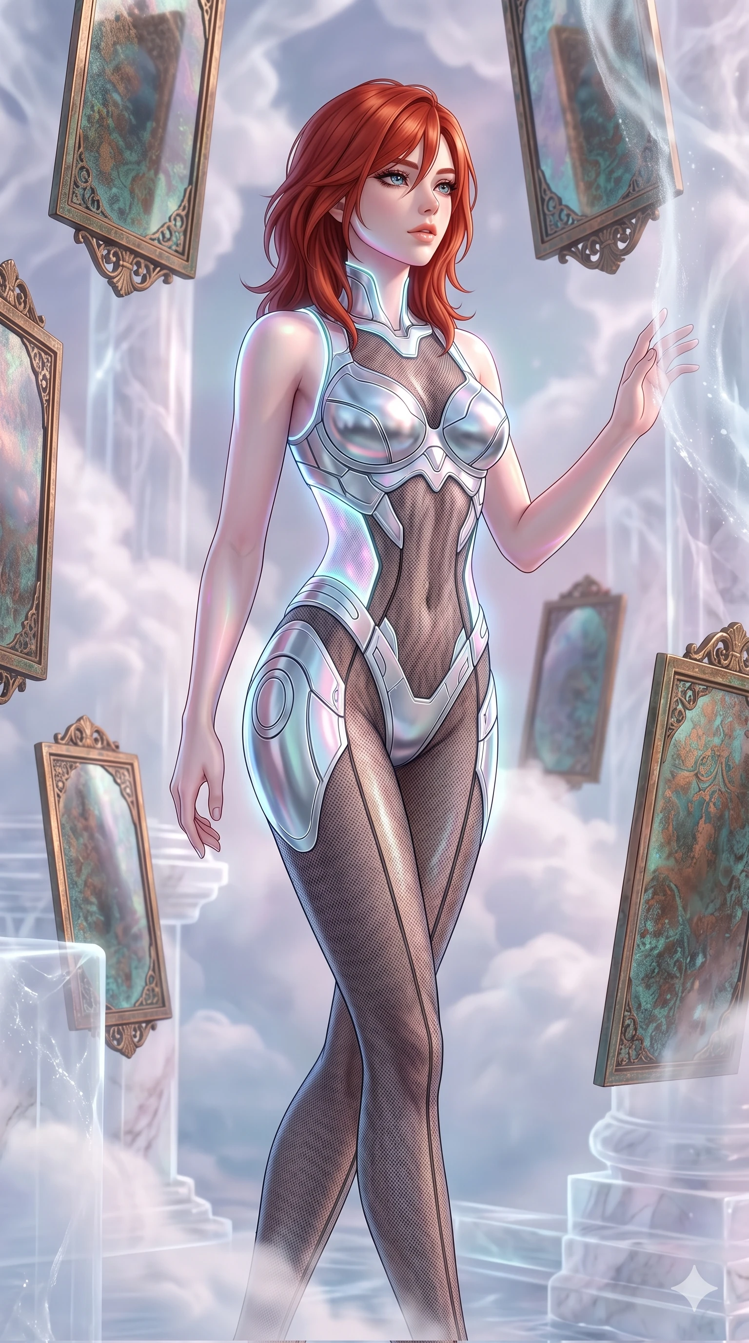 score_9, masterpiece, best quality, ultra-detailed, high-budget anime keyframe, Caucasian woman, strictly human ears. upper body close-up from the thighs up, character filling the screen for maximum presence. wandering through a mirage cloud cathedral of translucent marble and water mist, surrounded by floating ancient bronze mirror walls. She has an absolutely perfect 8-heads proportion, an exceptionally tall and slender female figure with impossibly long slender legs and an ultra-slim waist. V-shaped jawline, high-bridge nose, intricate jewel-like eyes with depth, thick eyelashes, glossy lips with a natural sheen.. wearing a bionic chrome plate bodysuit, featuring silver chrome plates covering the bust and hips, connected by sheer black mesh panels. enhanced by a luminous pastel spectrum glow, casting elegant rim lights on her shoulders and jawline. 2k, ultra detail, master piece, 9:16 ratio