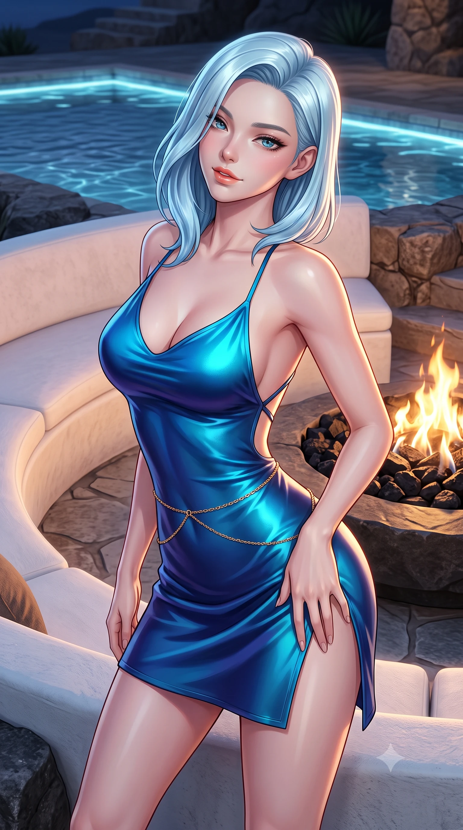 score_9, masterpiece, best quality, ultra-detailed, high-budget anime keyframe, semi-realistic 3D game render, editorial fashion photography, tasteful artistic composition, Korean woman. close-up cowboy shot from the waist and thighs up, the character dominates the composition, filling the frame with her large presence. tilting her head with a teasing half-smile, running one hand slowly down the side of her hip in a flirtatious S-curve as ambient light caresses her silhouette while leaning against the white-washed curved banquette with hips cocked back, looking through flame ribbons with heavy-lidded bedroom-eyes. The surrounding environment is rendered in vivid detail and crisp panoramic clarity: sharp black volcanic fire pit basalt stones, natural stone terrace textures, and clear water ripples in deep focus. She has an exceptionally elegant, slender, and willowy female figure with an ultra-slim waist, flat toned midriff, narrow ribcage, and sculpted feminine hips creating an alluring, slim hourglass silhouette without bulk. sharp v-shaped jawline, high-bridge nose, intricate jewel-like sparkling eyes with depth, thick eyelashes, glossy parted lips with a natural peach sheen, bright cheerful beaming smile with an enchanting and coquettish sensual glint, exuding both youthful cute charm and seductive allure, flawlessly proportioned anatomical accuracy, strict slender model proportions, natural body alignment, perfectly sculpted long slender limbs, ultra-slim waistline, clean dynamic posture without body distortion. wearing a backless liquid lamé mini dress with criss-cross spinal straps and daring side slit in Singapore Marina Bay electric cyan and midnight sapphire, crafted from fluid liquid silk satin that clings smoothly to her narrow waist and rounded hips with a dewy sheen, accented with a dainty gold belly chain resting across her flat midriff and curving hips, the form-contouring silhouette accentuating her sculpted flat midriff, narrow delicate ribcage, and gracefully curvy hips with intoxicating allure. bathed in the warm radiant 2100K hearth glow of dancing gas flames contrasted with cool desert starlight and pool LEDs. highly saturated vibrant anime colors, detailed shading with soft gradients, rich glossy textures, high-contrast stereoscopic depth, volumetric dynamic lighting, master piece, 9:16 ratio