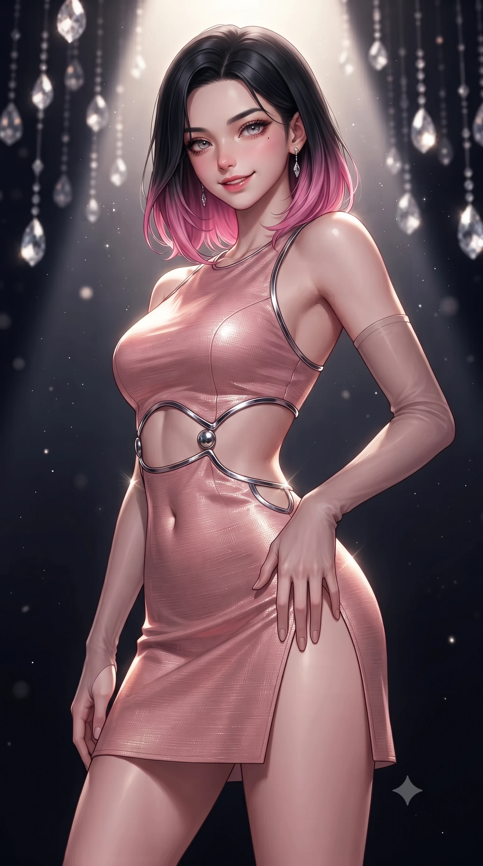 score_9, masterpiece, best quality, ultra-detailed, high-budget anime keyframe, editorial fashion photography, tasteful artistic composition, Korean woman. close-up cowboy shot from the waist and thighs up, the character dominates the composition, filling the frame with her large presence. tilting her head with a teasing half-smile, running one hand slowly down the side of her hip in a flirtatious S-curve as ambient light caresses her silhouette while twisting her slender torso in an alluring contrapposto stance, ultra-bright specular highlights sculpting the line of her narrow waist and curvy hips against the black void. The background shows a soft-focus thousands of suspended crystal drops glittering in deep velvety darkness, dust particles dancing in the intense spotlight cone, blurred into diamond, platinum, and onyx bokeh. She has an exceptionally elegant, slender, and willowy female figure with an ultra-slim waist, flat toned midriff, narrow ribcage, and sculpted feminine hips creating an alluring, slim hourglass silhouette without bulk. sharp v-shaped jawline, high-bridge nose, intricate jewel-like sparkling eyes with depth, thick eyelashes, glossy parted lips with a natural peach sheen, bright cheerful beaming smile with an enchanting and coquettish sensual glint, exuding both youthful cute charm and seductive allure, flawlessly proportioned anatomical accuracy, strict slender model proportions, natural body alignment, perfectly sculpted long slender limbs, ultra-slim waistline, clean dynamic posture without body distortion. wearing a provocative open-waist cutout mini dress framed by sculptural chrome hardware and thigh-high slit in Solaris liquid rose-quartz and alien peach, tailored from high-density tech-wool with subtle metallic thread weave, complemented by sheer opera-length evening gloves tracing her slender arms, the high-slit wrap tailoring accentuating her ultra-slim waistline and the enchanting curve of her feminine hips with alluring seductive charm. bathed in an intense solitary 6000K theatrical follow-spot contrasted with total velvety obsidian shadow. ultra-reflective glossy finish, specular highlights, rich textural contrasts, high-contrast stereoscopic depth, volumetric dynamic lighting, 2k, ultra detail, master piece, 9:16 ratio
