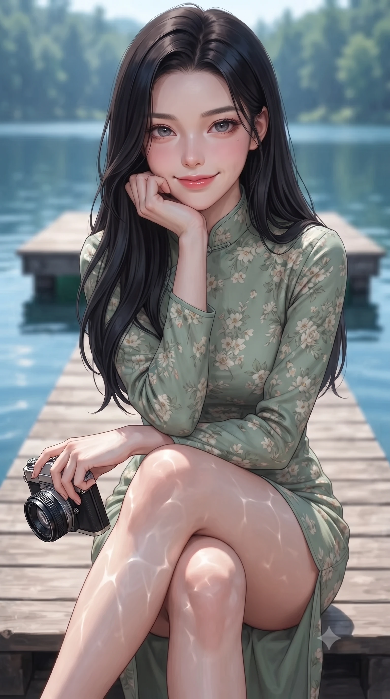 score_9, masterpiece, best quality, ultra-detailed, high-budget anime keyframe, editorial fashion photography, tasteful artistic composition, Korean woman. close-up cowboy shot from the waist and thighs up, the character dominates the composition, filling the frame with her large presence, background elements kept in soft focus. smiling cutely while resting her chin on her hand, looking directly into the lens set against a soft-focus background of on a quiet wooden pier extending into a calm, blue forest lake with a vintage camera in her hand and a warm, cute grin. She has an exceptionally elegant, slender, and willowy female figure with an ultra-slim waist, a gracefully sculpted slender torso, and a refined silhouette. sharp v-shaped jawline, high-bridge nose, intricate jewel-like eyes with depth, thick eyelashes, glossy lips with a natural sheen. wearing slim-fit lovely floral print midi dress in sage green, featuring a high collar and long sleeves. bright daylight reflecting off the water, casting shifting ripples on her skin. ultra-reflective glossy finish, specular highlights, metallic sheen, high-contrast stereoscopic depth, volumetric dynamic lighting, 2k, ultra detail, master piece, 9:16 ratio