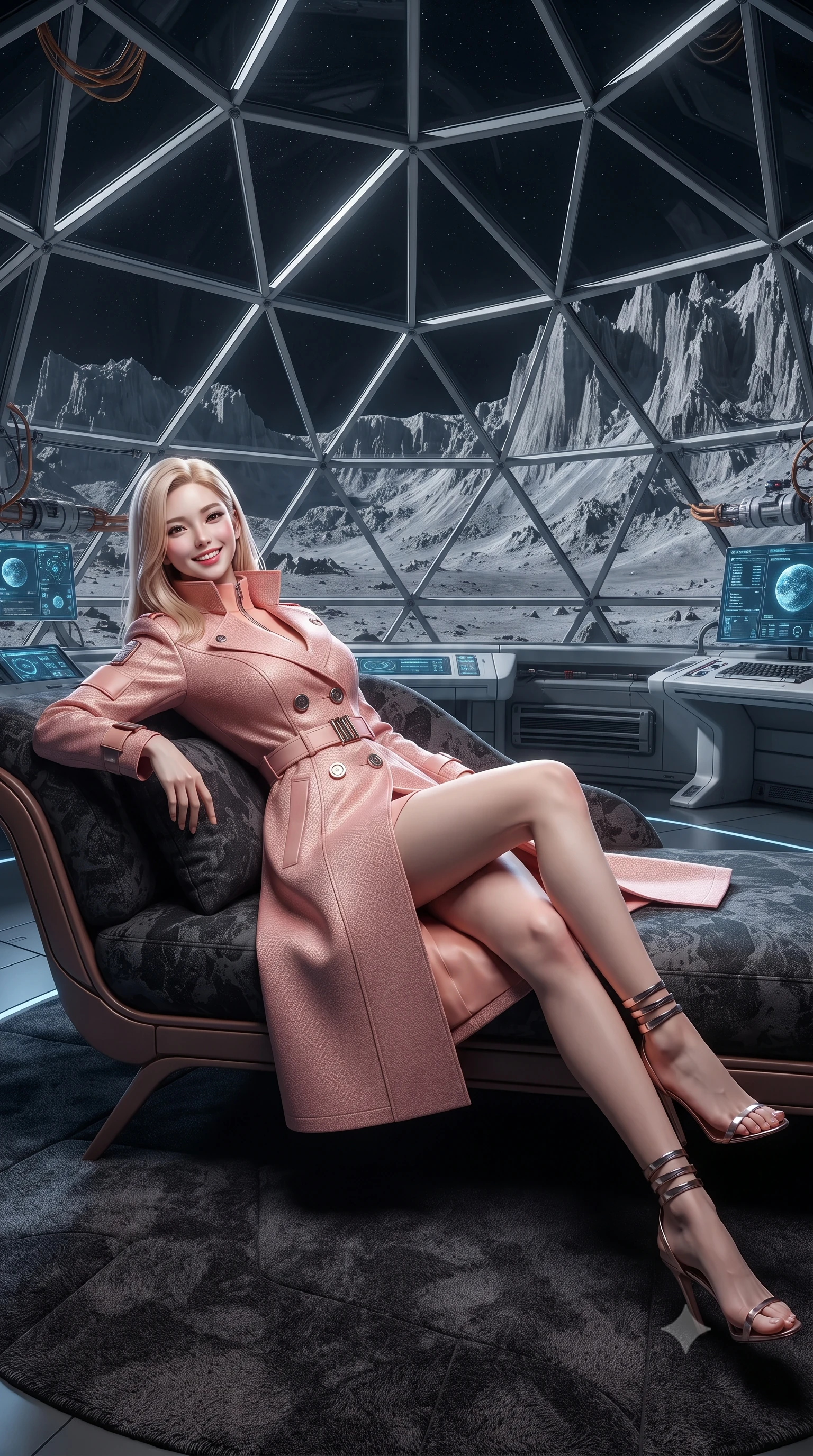 score_9, masterpiece, best quality, ultra-detailed, high-budget anime keyframe, editorial fashion photography, tasteful artistic composition, Korean woman. low angle full-body shot from head to toe showing her feet, filling the entire 9:16 vertical frame with her statuesque presence, stretching her vertical silhouette. reclining gracefully across the plush chaise lounge with one leg extended, her sculpted silhouette and flat midriff radiating magnetic nocturnal glamour while standing poised inside the pressurized geodesic glass dome overlooking the towering lunar mountain rims of Shackleton Crater, arching her spine with ethereal supermodel poise. The surrounding environment is rendered in vivid detail and crisp panoramic clarity: detailed fabric weave, tailored fit, and futuristic lunar outpost architecture in high resolution. She has an exceptionally tall and slender model-like 8.5-heads proportion, an ultra-slim waist, a flat toned midriff, narrow delicate ribcage, and beautifully sculpted feminine hips creating a graceful, slim hourglass silhouette without any bulky heaviness, with impossibly long slender legs. sharp v-shaped jawline, high-bridge nose, intricate jewel-like sparkling eyes with depth, thick eyelashes, glossy parted lips with a natural peach sheen, bright cheerful beaming smile with an enchanting and coquettish sensual glint, exuding both youthful cute charm and seductive allure, flawlessly proportioned anatomical accuracy, strict slender model proportions, natural body alignment, perfectly sculpted long slender limbs, ultra-slim waistline, clean dynamic posture without body distortion. wearing a tailored high-collar cyberpunk tech-trench coat with magnetic buckle closures and wide storm flaps in Solaris liquid rose-quartz and alien peach, woven from structured carbon-fiber jacquard with rich textural depth, complemented by strappy stiletto sandals with metallic ankle wraps accentuating her slender calves, the impeccably tailored cut draping gracefully along her slender figure with aristocratic poise. illuminated by basalt tile reflection bounce and sharp Earth-blue rim lights sculpting her jawline, narrow waist, and curvy hips. ultra-reflective glossy finish, specular highlights, rich textural contrasts, high-contrast stereoscopic depth, volumetric dynamic lighting, 2k, ultra detail, master piece, 9:16 ratio
