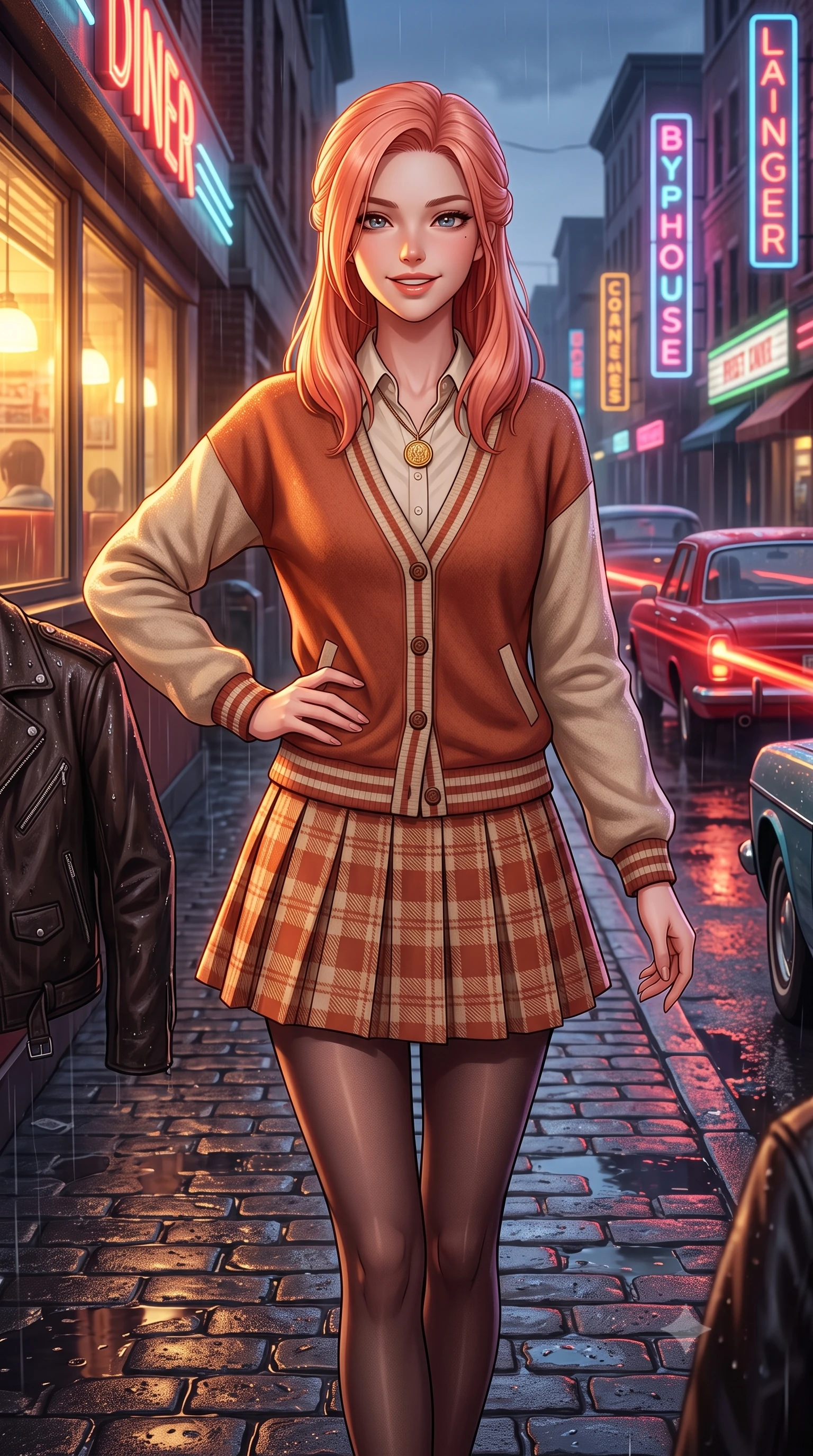 score_9, masterpiece, best quality, ultra-detailed, high-budget anime keyframe, semi-realistic 3D game render, editorial fashion photography, tasteful artistic composition, Japanese woman. close-up cowboy shot from the waist and thighs up, the character dominates the composition, filling the frame with her large presence. smiling with subtle, enchanting allure and glossy parted lips, one hand resting on her waist with effortless supermodel poise while walking dynamically down the wet cobblestone street as red taillights of vintage cars leave cinematic light streaks. The surrounding environment is rendered in vivid detail and crisp panoramic clarity. crisp neon tube lettering, distinct raindrop beads on leather jacket, and wet asphalt textures in deep focus. She has an exceptionally elegant, slender, and willowy female figure with an ultra-slim waist, a gracefully sculpted slender torso, toned flat midriff, and a refined slim silhouette. sharp v-shaped jawline, high-bridge nose, intricate jewel-like eyes with depth, thick eyelashes, glossy lips with a natural sheen, captivating and magnetic expression, flawlessly proportioned anatomical accuracy, strict slender model proportions, natural body alignment, perfectly sculpted long slender limbs, ultra-slim waistline, clean dynamic posture without body distortion. wearing a preppy 80s varsity cardigan sweater layered over a crisp collared button-down shirt and a tennis pleated skirt in warm terracotta and oatmeal beige, crafted from ultra-soft brushed fleece and vintage-washed jersey, accented with a vintage gold coin pendant necklace and dark sheer tights, the liquid-tight tailored fabric emphasizing every curve of her tall, slender model proportions and sculptured silhouette during dynamic movement. illuminated by warm golden diner window key light sculpting her cheekbones and joyful expression. highly saturated vibrant anime colors, detailed shading with soft gradients, rich glossy textures, high-contrast stereoscopic depth, volumetric dynamic lighting, master piece, 9:16 ratio