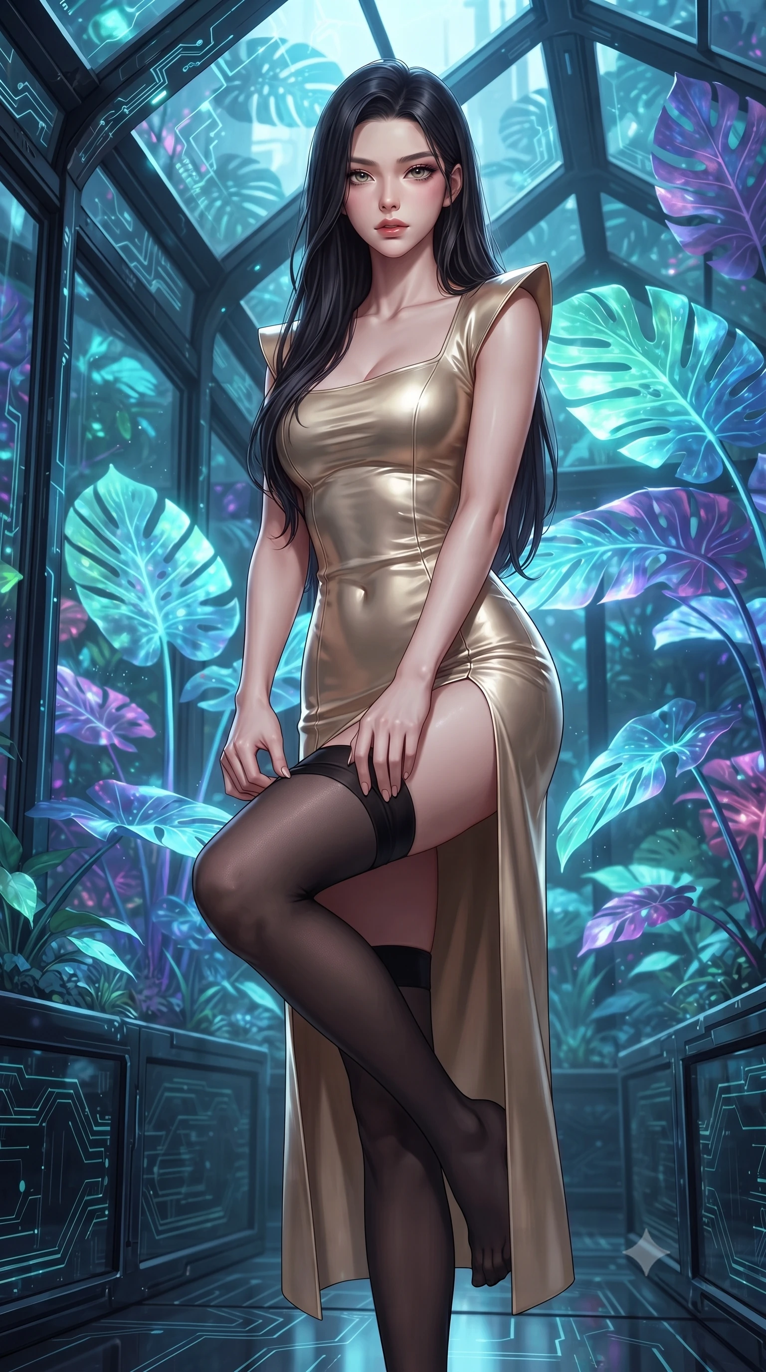 score_9, masterpiece, best quality, ultra-detailed, High-budget Anime Keyframe, editorial fashion photography, tasteful artistic composition, realistic cosplay photography, East Asian woman. Dynamic full-body shot stretching the vertical silhouette to the limit. Scenario 400: adjusting her thigh-high stocking near a cybernetic greenhouse filled with giant glowing tropical leaves. Her presence is magnetic and overpowering in this high-budget cinematic scene. Outfit 400: a slim-fit champagne gold bodycon knit slip dress featuring a high-slit skirt and structured shoulders. The clothing is designed to emphasize her exceptionally tall and slender 8-heads proportion. 8-heads proportion, towering silhouette, ultra-slim waist. sharp v-shaped jawline, intricate jewel-like eyes with depth, thick eyelashes, glossy lips. ultra-reflective glossy finish, specular highlights, metallic sheen, high-contrast stereoscopic depth, volumetric dynamic lighting, 2k, ultra detail, master piece, 9:16 ratio