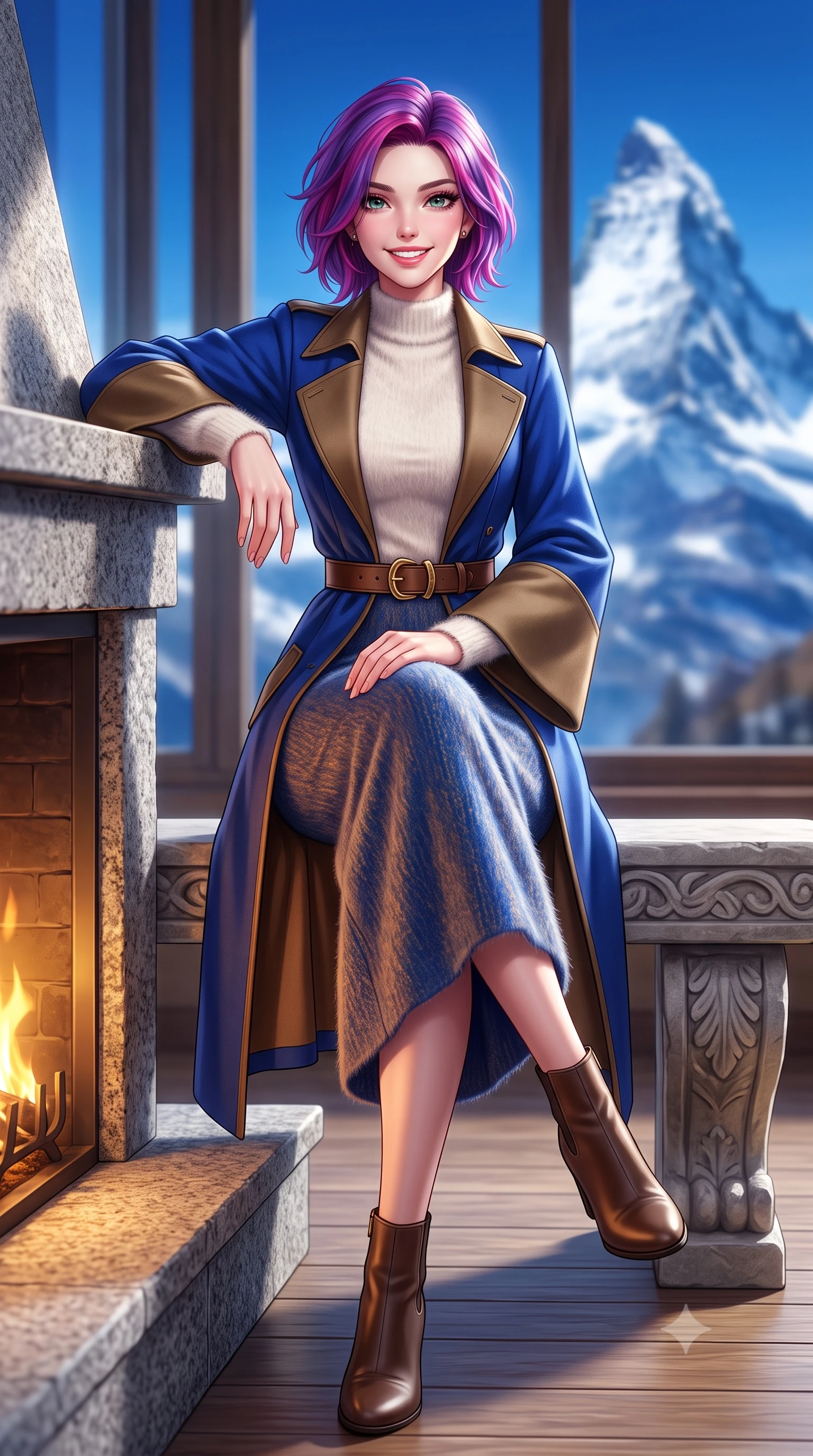 score_9, masterpiece, best quality, ultra-detailed, high-budget anime keyframe, semi-realistic 3D game render, editorial fashion photography, tasteful artistic composition, Caucasian woman. low angle full-body shot from head to toe showing her feet, filling the entire 9:16 vertical frame with her statuesque presence, stretching her vertical silhouette. sitting gracefully on the carved stone bench with legs crossed at the ankles, hands resting gently in her lap with noble poise while leaning with effortless supermodel poise against the granite fireplace mantel, one boot resting lightly on the hearth ledge. The background shows a soft-focus towering jagged snow-covered Swiss Alps, deep blue alpine sky, and frosted fir forests outside blurred into cobalt, stark white, and cedar bokeh. She has an exceptionally tall and slender model-like 8.5-heads proportion, an ultra-slim waist, a flat toned midriff, narrow delicate ribcage, and beautifully sculpted feminine hips creating a graceful, slim hourglass silhouette without any bulky heaviness, with impossibly long slender legs. sharp v-shaped jawline, high-bridge nose, intricate jewel-like sparkling eyes with depth, thick eyelashes, glossy parted lips with a natural peach sheen, bright cheerful beaming smile with an enchanting and coquettish sensual glint, exuding both youthful cute charm and seductive allure, flawlessly proportioned anatomical accuracy, strict slender model proportions, natural body alignment, perfectly sculpted long slender limbs, ultra-slim waistline, clean dynamic posture without body distortion. wearing an elegant tailored wool trench with kimono-inspired wide sleeves worn over an ivory mock-neck sweater and long skirt in royal sapphire blue and antique brushed bronze, woven from plush alpaca yarn with a cloud-like fuzzy texture and soft halo, finished with a smooth equestrian bridle-leather belt with a polished brass horseshoe buckle, the precision-cut high-waisted tailoring accentuating her ultra-slim waist and long slender leg line with immaculate aristocratic poise. bathed in the dramatic high-altitude Swiss mountain sunlight streaming through panoramic windows mixed with golden hearth firelight. highly saturated vibrant anime colors, detailed shading with soft gradients, rich glossy textures, high-contrast stereoscopic depth, volumetric dynamic lighting, master piece, 9:16 ratio