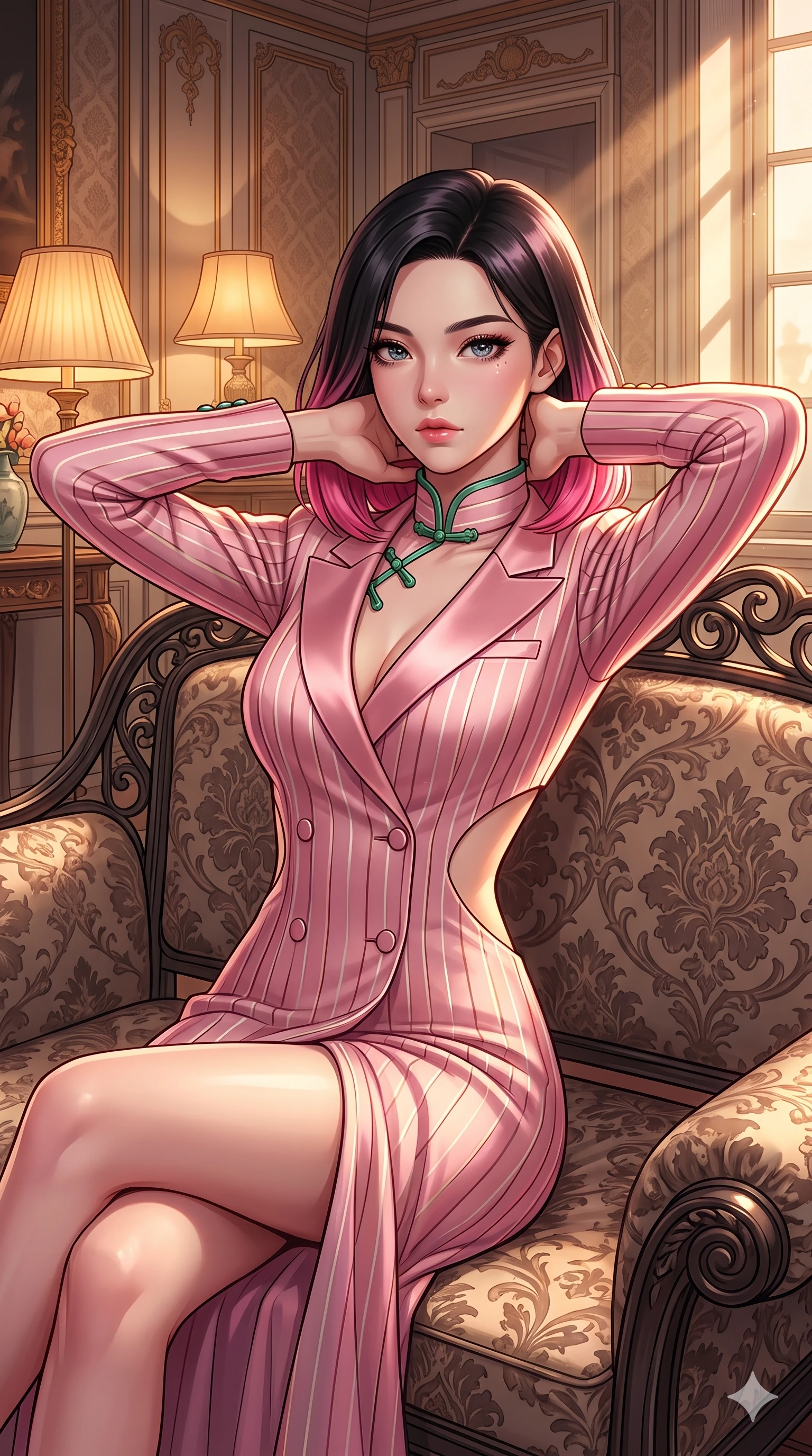 score_9, masterpiece, best quality, ultra-detailed, high-budget anime keyframe, semi-realistic 3D game render, editorial fashion photography, tasteful artistic composition, Korean woman. close-up cowboy shot from the waist and thighs up, the character dominates the composition, filling the frame with her large presence. resting both hands lightly behind her neck with elbows raised, arching her spine to highlight her narrow waist, flat midriff, and breathtaking collarbones while lounging languidly across a damask-upholstered wrought-iron settee, her flat midriff and feminine hips bathed in soft golden afternoon light. The surrounding environment is rendered in vivid detail and crisp panoramic clarity: detailed mermaid gown tailoring, open-waist architecture, and aristocratic interior furnishings in razor-sharp precision. She has an exceptionally elegant, slender, and willowy female figure with an ultra-slim waist, flat toned midriff, narrow ribcage, and sculpted feminine hips creating an alluring, slim hourglass silhouette without bulk. sharp v-shaped jawline, high-bridge nose, intricate jewel-like sparkling eyes with depth, thick eyelashes, glossy parted lips with a natural sheen, intensely captivating and seductive bedroom-eyes expression, exuding both youthful cute charm and sovereign luxury allure, flawlessly proportioned anatomical accuracy, strict slender model proportions, natural body alignment, perfectly sculpted long slender limbs, ultra-slim waistline, clean dynamic posture without body distortion. wearing a tailored double-breasted tuxedo evening dress with structured satin lapels and metallic pinstripes in sakura blossom pink and warm ivory, tailored from heavy double-faced silk georgette with an exceptionally fluid drape, finished with sleek jade frog closures glinting along her high collar, the impeccably tailored cut draping gracefully along her slender figure with aristocratic poise. bathed in the soft, intimate warm 2700K ambient light of silk-shaded table lamps mixed with angled window sunbeams. highly saturated vibrant anime colors, detailed shading with soft gradients, rich glossy textures, high-contrast stereoscopic depth, volumetric dynamic lighting, master piece, 9:16 ratio