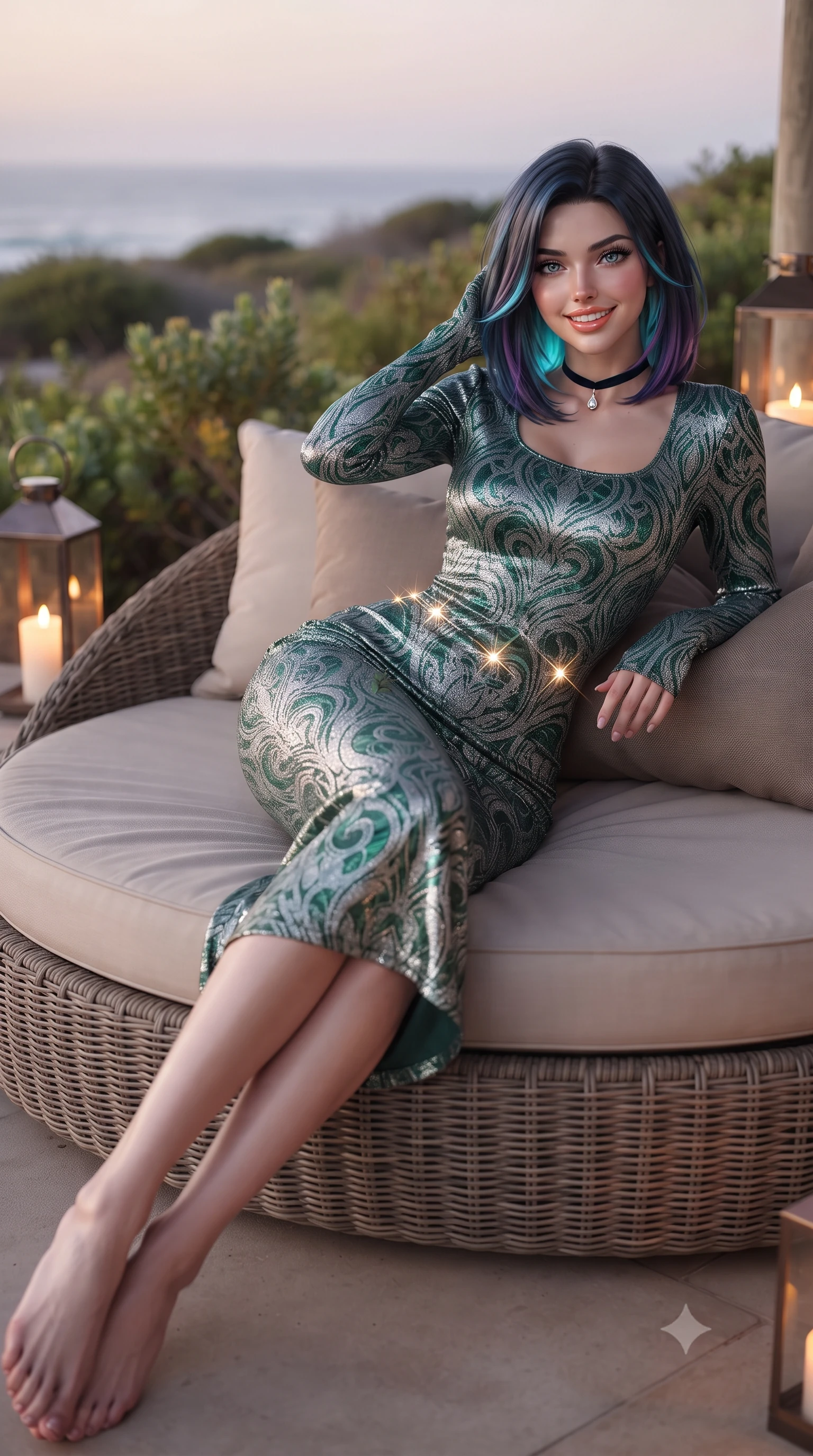 score_9, masterpiece, best quality, ultra-detailed, high-budget anime keyframe, editorial fashion photography, tasteful artistic composition, Caucasian woman. low angle full-body shot from head to toe showing her feet, filling the entire 9:16 vertical frame with her statuesque presence, stretching her vertical silhouette. leaning deep against the balcony balustrade with hips cocked back in an unapologetically alluring high-fashion stance, casting an intoxicating glance while lounging in the private daybed set upon the deck propped on one elbow with legs extended, displaying her long slender limbs and statuesque hourglass silhouette. The background shows a soft-focus indigenous coastal fynbos shrubs softened in protected marine sanctuary shallow focus. She has an exceptionally tall and slender model-like 8.5-heads proportion, an ultra-slim waist, a flat toned midriff, narrow delicate ribcage, and beautifully sculpted feminine hips creating a graceful, slim hourglass silhouette without any bulky heaviness, with impossibly long slender legs. sharp v-shaped jawline, high-bridge nose, intricate jewel-like sparkling eyes with depth, thick eyelashes, glossy parted lips with a natural peach sheen, bright cheerful beaming smile with an enchanting and coquettish sensual glint, exuding both youthful cute charm and seductive allure, flawlessly proportioned anatomical accuracy, strict slender model proportions, natural body alignment, perfectly sculpted long slender limbs, ultra-slim waistline, clean dynamic posture without body distortion. wearing a body-contouring metallic lurex knit column dress casting radiant starlight shimmer across her flat midriff and curves in Art Nouveau malachite green and antique starlight silver, woven from stretch metallic lurex jersey casting radiant starlight glints across her curves, finished with a thin velvet ribbon choker and a single teardrop diamond pendant, the glove-like clinging cut tightly following the natural contour of her hips and long slender legs with youthful 8.5-heads elegance. bathed in the soft pastel 5000K twilight glow of the Indian Ocean horizon mixed with warm 2500K deck lanterns. ultra-reflective glossy finish, specular highlights, rich textural contrasts, high-contrast stereoscopic depth, volumetric dynamic lighting, 2k, ultra detail, master piece, 9:16 ratio
