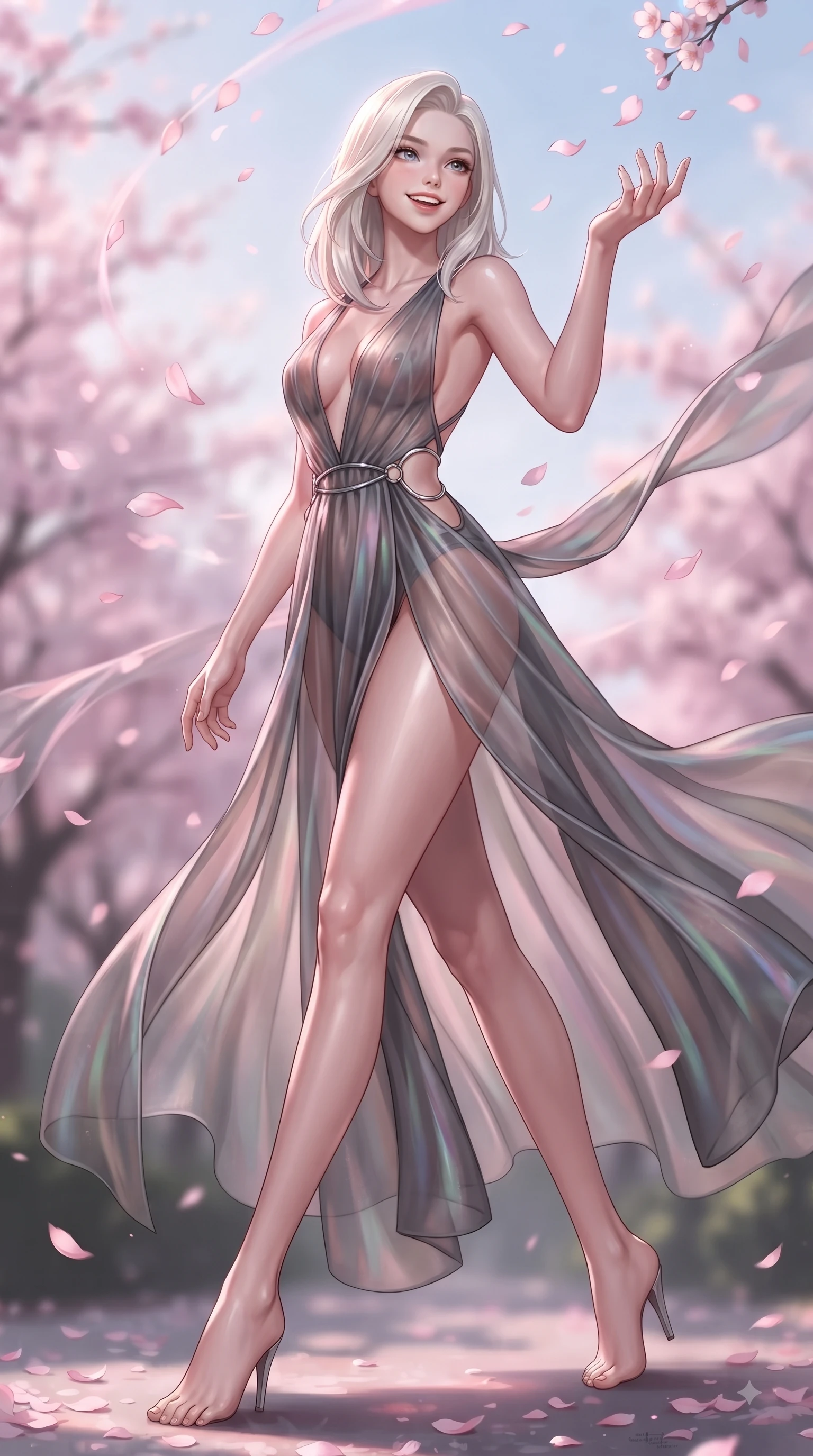 score_9, masterpiece, best quality, ultra-detailed, high-budget anime keyframe, editorial fashion photography, tasteful artistic composition, Caucasian woman. low angle full-body shot from head to toe showing her feet, filling the entire 9:16 vertical frame with her statuesque presence, stretching her vertical silhouette. stepping forward in a proud dynamic stride with a cheerful beaming smile, her vertical silhouette filling the frame while reaching her hand up playfully to catch falling pink cherry blossom petals in a spring breeze, floating pink petals drifting around her in dynamic, cheerful wind currents. She has an absolutely perfect, statuesque 8.5-heads proportion, an exceptionally tall and slender model-like female figure with impossibly long slender legs and an ultra-slim waist. sharp v-shaped jawline, high-bridge nose, intricate jewel-like eyes with depth, thick eyelashes, glossy lips with a natural sheen, flawlessly proportioned anatomical accuracy, natural body alignment, perfectly sculpted elegant limbs, clean dynamic posture without body distortion. wearing a translucent iridescent chiffon gown with a plunging neckline and open back in charcoal grey and platinum, woven from fine semi-opaque sheer organza, accented with delicate chrome ring hardware framing her waist, the form-contouring material highlighting her ultra-slim waist and long lines. illuminated by soft glowing pink ambient light and clear sky refractions. ultra-reflective glossy finish, specular highlights, metallic sheen, high-contrast stereoscopic depth, volumetric dynamic lighting, 2k, ultra detail, master piece, 9:16 ratio