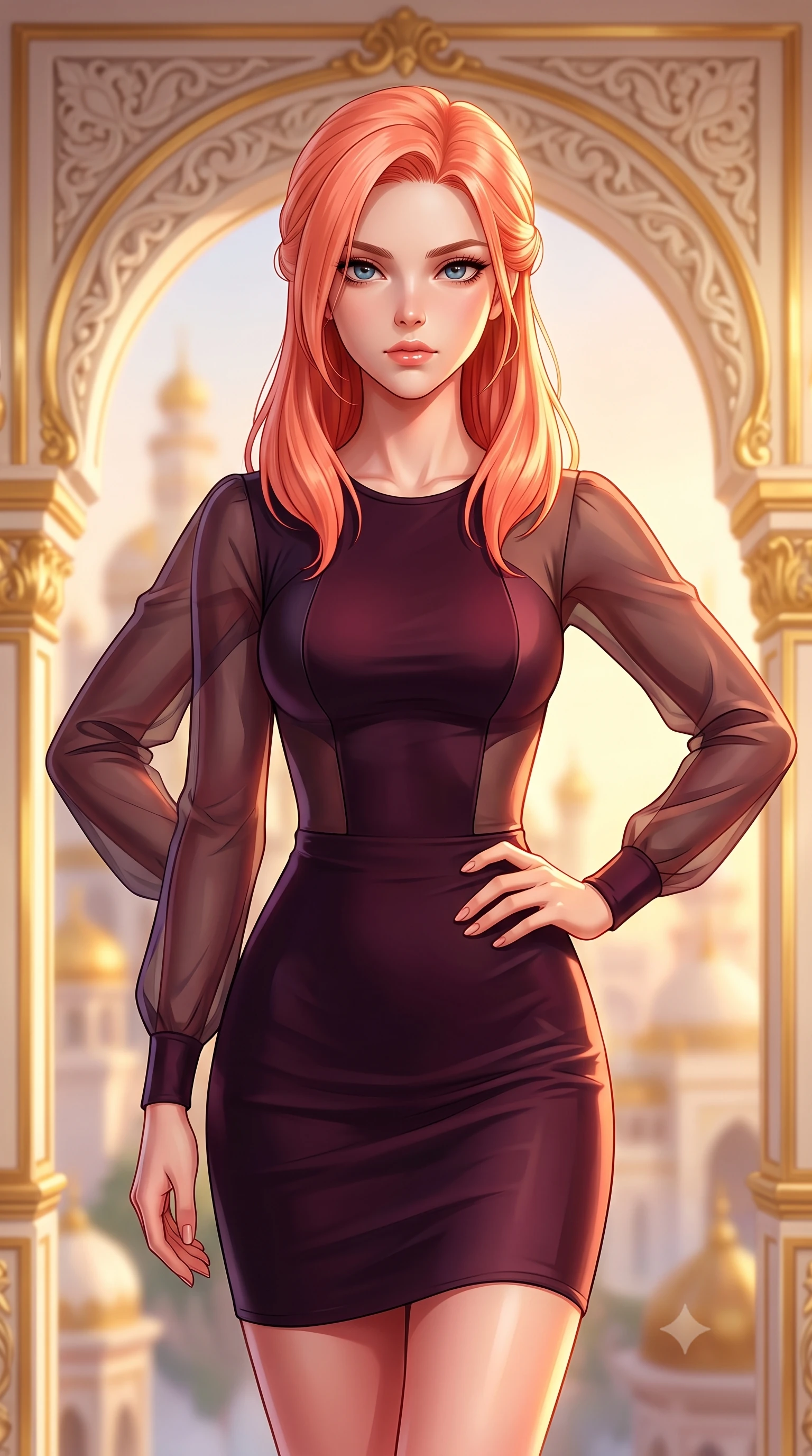 score_9, masterpiece, best quality, ultra-detailed, high-budget anime keyframe, editorial fashion photography, tasteful artistic composition, Japanese woman. close-up cowboy shot from the waist and thighs up, the character dominates the composition, filling the frame with her large presence, background elements kept in soft focus. Holding a confident power pose with one hand on her hip, gazing directly into the camera with quiet intensity gazing out at a dreamlike palace archipelago suspended in golden hour light, opulent gold-leaf trim and carved ivory archways framed beautifully. She has an exceptionally elegant, slender, and willowy female figure with an ultra-slim waist, a gracefully sculpted slender torso, and a refined silhouette. sharp v-shaped jawline, high-bridge nose, intricate jewel-like eyes with depth, thick eyelashes, glossy lips with a natural sheen. wearing a sleek bodycon knit dress with strategic sheer organza sleeve panels and a tight waist, the tailored fabric tightly following every curve of her athletic build. lit by brilliant warm key light softening into smooth, elegant gradients. highly saturated vibrant anime colors, detailed shading with soft gradients, rich glossy textures, high-contrast stereoscopic depth, volumetric dynamic lighting, master piece, 9:16 ratio