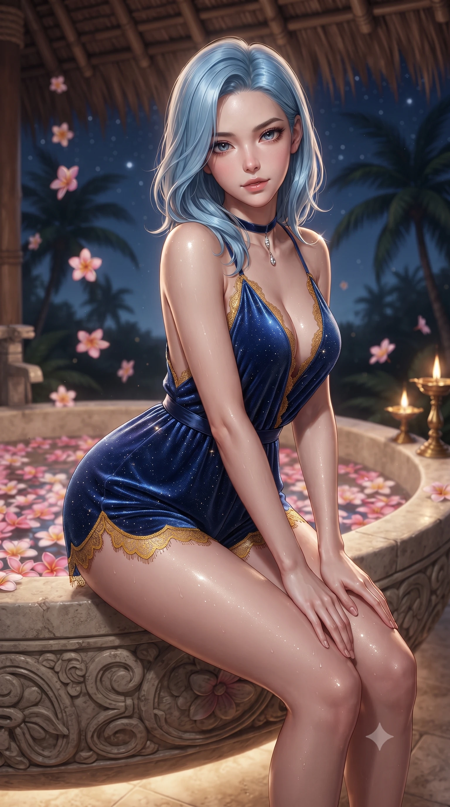 score_9, masterpiece, best quality, ultra-detailed, high-budget anime keyframe, editorial fashion photography, tasteful artistic composition, Korean woman. close-up cowboy shot from the waist and thighs up, the character dominates the composition, filling the frame with her large presence. leaning forward while arching her lower back to accentuate her curvy hips, looking into the camera with an intoxicating smoldering gaze and bedroom-eyes while sitting poised on the edge of the monumental carved stone soaking tub brimming with pink frangipani blossoms, arching her spine with wet-look siren grace. The background shows a soft-focus thatched coconut palm leaf roof rafters, floating frangipani flowers on water, and dark palm trees swaying against stars blurred into rose, amber, and charcoal bokeh. She has an exceptionally elegant, slender, and willowy female figure with an ultra-slim waist, flat toned midriff, narrow ribcage, and sculpted feminine hips creating an alluring, slim hourglass silhouette without bulk. sharp v-shaped jawline, high-bridge nose, sparkling eyes with hypnotic seductive depth, thick curled eyelashes, glossy parted lips with a natural dewy peach sheen, alluring bedroom-eyes with an enchanting coquettish smile, exuding magnetic siren charisma and sophisticated glamour, flawlessly proportioned anatomical accuracy, strict slender model proportions, natural body alignment, perfectly sculpted long slender limbs, ultra-slim waistline, clean dynamic posture without body distortion. wearing a plunge-neck stretch velvet romper with scalloped eyelash-lace hems and a cinched waist ribbon in Marrakesh cobalt majorelle blue and saffron gold, woven from stretch metallic lurex jersey casting radiant starlight glints across her silhouette, finished with a thin velvet ribbon choker and a single teardrop diamond pendant, the second-skin tailored fabric adhering flawlessly to her sculpted flat midriff and slender torso, emphasizing her long leg lines and perfectly proportioned willowy build. bathed in soft warm 2400K concealed cove lighting beneath the tub rim mixed with flickering brass oil lamps. ultra-reflective glossy finish, specular highlights, rich textural contrasts, high-contrast stereoscopic depth, volumetric dynamic lighting, 2k, ultra detail, master piece, 9:16 ratio