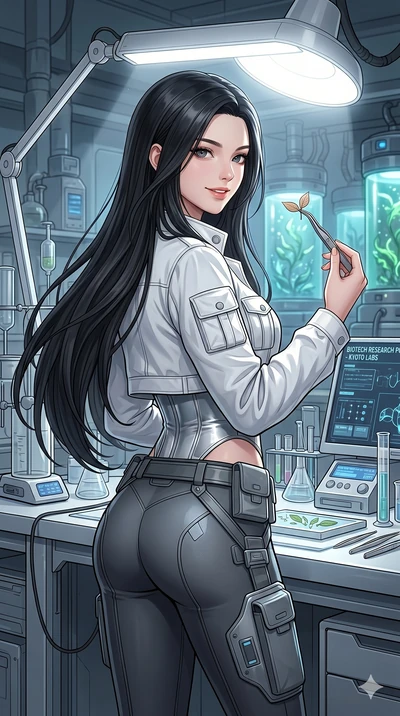 score_9, masterpiece, best quality, ultra-detailed, high-budget anime keyframe, Korean woman. Upper body close-up from the thighs up, character filling the screen for maximum presence. Inside a biotech research pod, examining a leaf sample, holding t