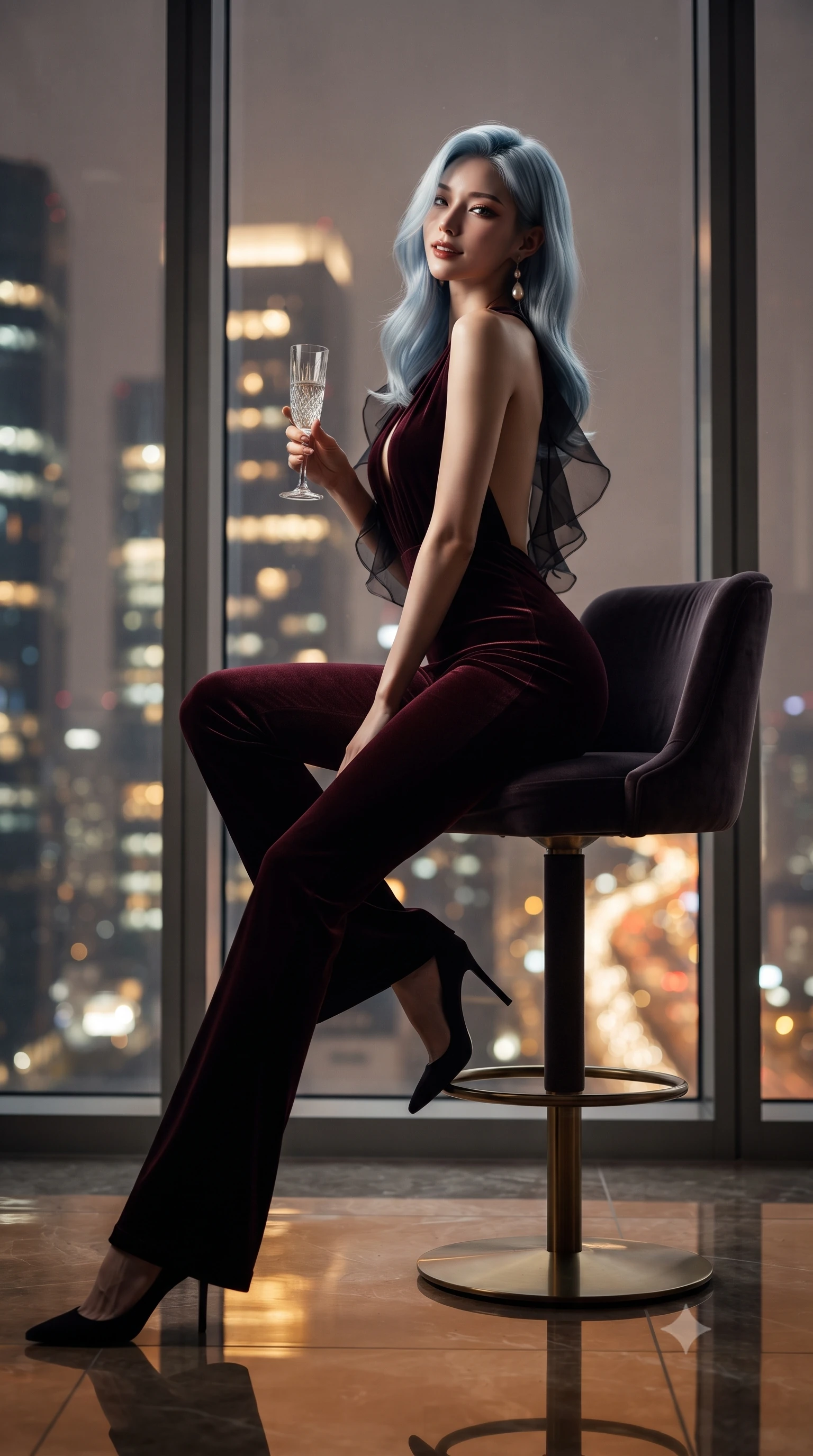 score_9, masterpiece, best quality, ultra-detailed, high-budget anime keyframe, editorial fashion photography, tasteful artistic composition, Korean woman. low angle full-body shot from head to toe showing her feet, filling the entire 9:16 vertical frame with her statuesque presence, stretching her vertical silhouette. striding forward gracefully across the reflective floor with sovereign supermodel poise, hips swaying in an alluring kinetic rhythm that accentuates her curvy hourglass silhouette and long slender legs while sitting perched on a plush velvet swivel barstool before towering floor-to-ceiling glass windows, arching her lower back with a dangerous smoldering half-smile and crystal champagne flute in hand. The composition keeps background elements in soft focus with dreamy creamy bokeh. endless sea of skyscraper window lights and glittering golden traffic arteries blurred into rich amber, champagne, and platinum bokeh. She has an exceptionally tall and slender model-like 8.5-heads proportion, an ultra-slim waist, a flat toned midriff, narrow delicate ribcage, and beautifully sculpted feminine hips creating a graceful, slim hourglass silhouette without any bulky heaviness, with impossibly long slender legs. sharp v-shaped jawline, high-bridge nose, intricate jewel-like dark sparkling eyes with dangerous depth, thick curled eyelashes, glossy parted lips with a rich wine sheen, smoldering seductive half-smile with bedroom-eyes, exuding effortless superiority and intoxicating dark allure, flawlessly proportioned anatomical accuracy, strict slender model proportions, natural body alignment, perfectly sculpted long slender limbs, ultra-slim waistline, clean dynamic posture without body distortion. wearing a second-skin dark burgundy stretch-velvet jumpsuit with a plunging neckline and open back in dark espresso brown and pearlescent ivory, crafted from layered gossamer black organza with weightless, smoky flutter, accented with a single dangling baroque pearl earring reflecting the amber glow, the form-contouring cut accentuating her sculpted flat midriff, narrow delicate ribcage, and gracefully curvy hips with sovereign high-fashion precision. illuminated by dramatic chiaroscuro key lighting and sharp champagne rim light tracing her razor-sharp jawline, ultra-slim waist, and curvy hips. ultra-reflective glossy finish, specular highlights, rich textural contrasts, high-contrast stereoscopic depth, volumetric dynamic lighting, 2k, ultra detail, master piece, 9:16 ratio