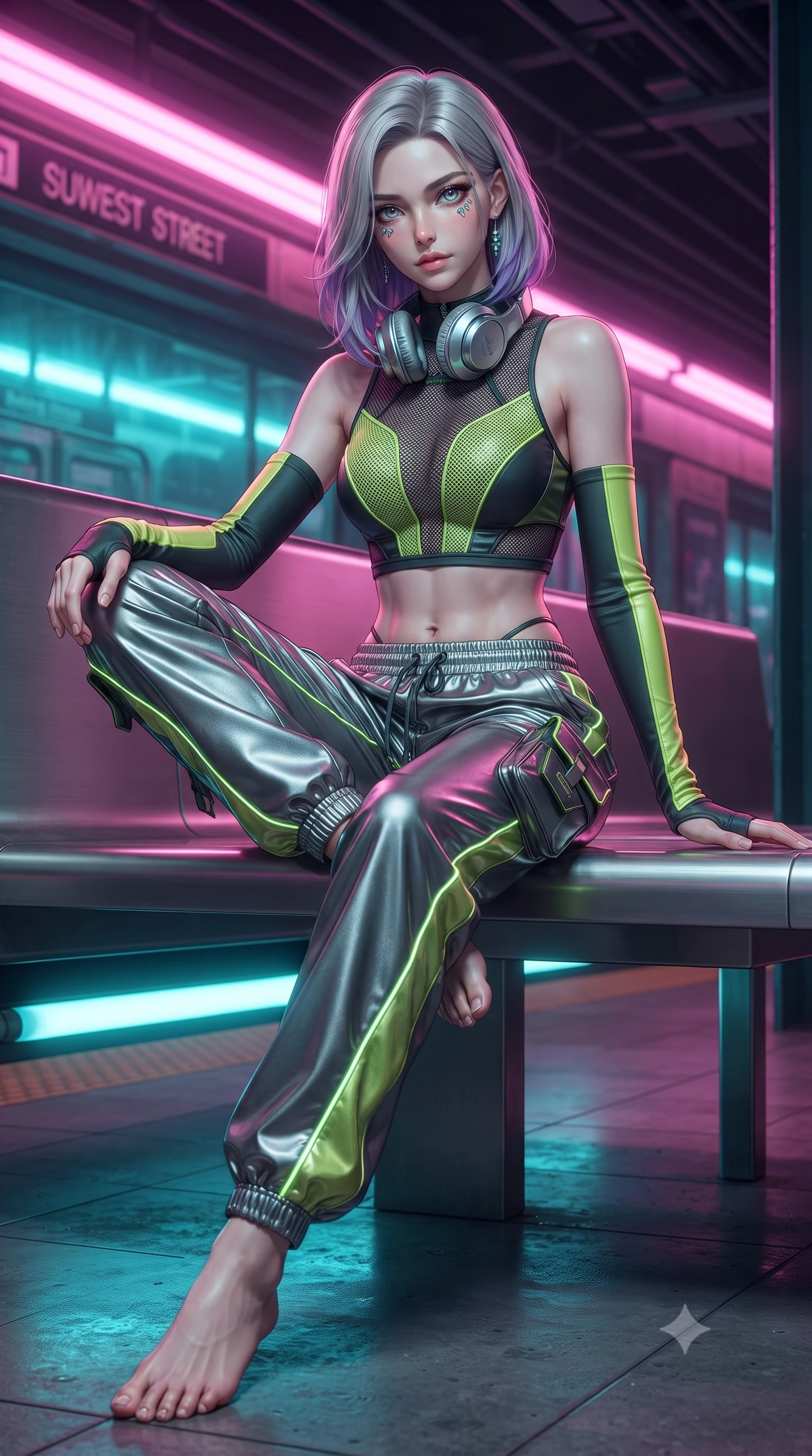 score_9, masterpiece, best quality, ultra-detailed, high-budget anime keyframe, editorial fashion photography, tasteful artistic composition, Caucasian woman. low angle full-body shot from head to toe showing her feet, filling the entire 9:16 vertical frame with her statuesque presence, stretching her vertical silhouette. standing poised with one hip cocked in an alluring high-fashion pose, her tall 8.5-heads proportions dominating the scene while sitting casually on a stainless steel station bench with legs crossed, headphones around her neck, looking directly into the lens. The surrounding environment is rendered in vivid detail and crisp panoramic clarity. high-contrast cyberpunk street chiaroscuro and raw urban subway aesthetics rendered with precision. She has an absolutely perfect, statuesque 8.5-heads proportion, an exceptionally tall and slender model-like female figure with impossibly long slender legs, a toned flat midriff, and an ultra-slim waist. sharp v-shaped jawline, high-bridge nose, intricate jewel-like eyes with depth, thick eyelashes, glossy lips with a natural sheen, captivating and magnetic expression, flawlessly proportioned anatomical accuracy, strict slender model proportions, natural body alignment, perfectly sculpted long slender limbs, ultra-slim waistline, clean dynamic posture without body distortion. wearing a sporty Y2K mesh-paneled crop top with asymmetrical sleeve warmers and low-slung metallic track pants in acid lime green and dark obsidian, made of breathable technical athletic mesh and liquid-finish track nylon, finished with glowing fiber-optic seam piping and miniature utility pouches edition #24, the glove-like aerodynamic second-skin fit tightly clinging to her ultra-slender waist and athletic curves without adding bulk, accentuating her razor-sharp statuesque lines and slim hourglass silhouette. bathed in high-contrast dual lighting of neon pink floodlights and electric cyan underlights. ultra-reflective glossy finish, specular highlights, rich textural contrasts, high-contrast stereoscopic depth, volumetric dynamic lighting, 2k, ultra detail, master piece, 9:16 ratio
