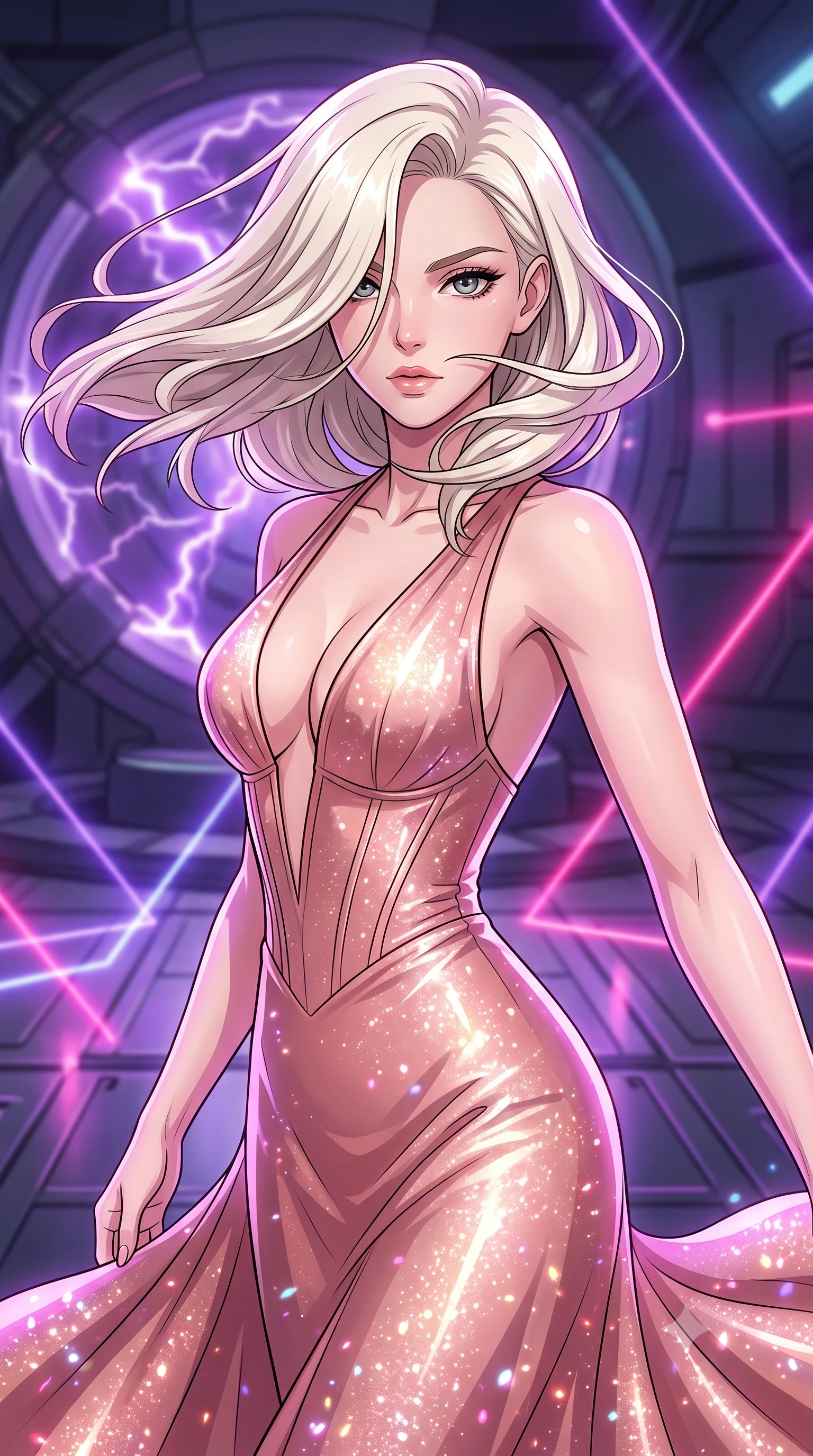 score_9, masterpiece, best quality, ultra-detailed, high-budget anime keyframe, clean line-art, cel-shading, Caucasian woman, strictly human ears. close-up cowboy shot from the waist and thighs up, the character dominates the composition, filling the frame with her large presence, background elements kept in soft focus. Executing a sudden, fast pivot to face the camera, her hair whipping violently across her face. set against a soft-focus background of inside a tech generator where a large electromagnetic core pulses with purple lightning arcs, metallic floors vibrating. She has an exceptionally elegant and slender, willowy female figure with an ultra-slim waist, a gracefully sculpted slender torso, and a refined slim physique. sharp v-shaped jawline, high-bridge nose, intricate jewel-like eyes with depth, thick eyelashes, glossy lips with a natural sheen. wearing catching and diffusing the glowing particles, shimmering softly in response to the surrounding light, a tailored floor-length gown in liquid rose gold, featuring an ultra-deep plunging V-neckline and a highly structured bodice. laser lines of violet and hot pink reflecting off surfaces casting geometric neon highlights. highly saturated vibrant anime colors, intense vivid color palette, volumetric dynamic lighting, 2k, ultra detail, master piece, 9:16 ratio
