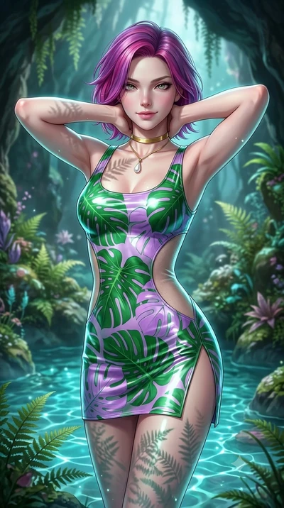 Caucasian woman. resting both hands lightly behind her neck with elbows raised, arching her spine to highlight her narrow waist, flat midriff, and breathtaking collarbones while twisting her slender torso in an alluring contrapposto stance, shimmering pool water caustics and fern shadows tracing her curves. The background shows a soft-focus...