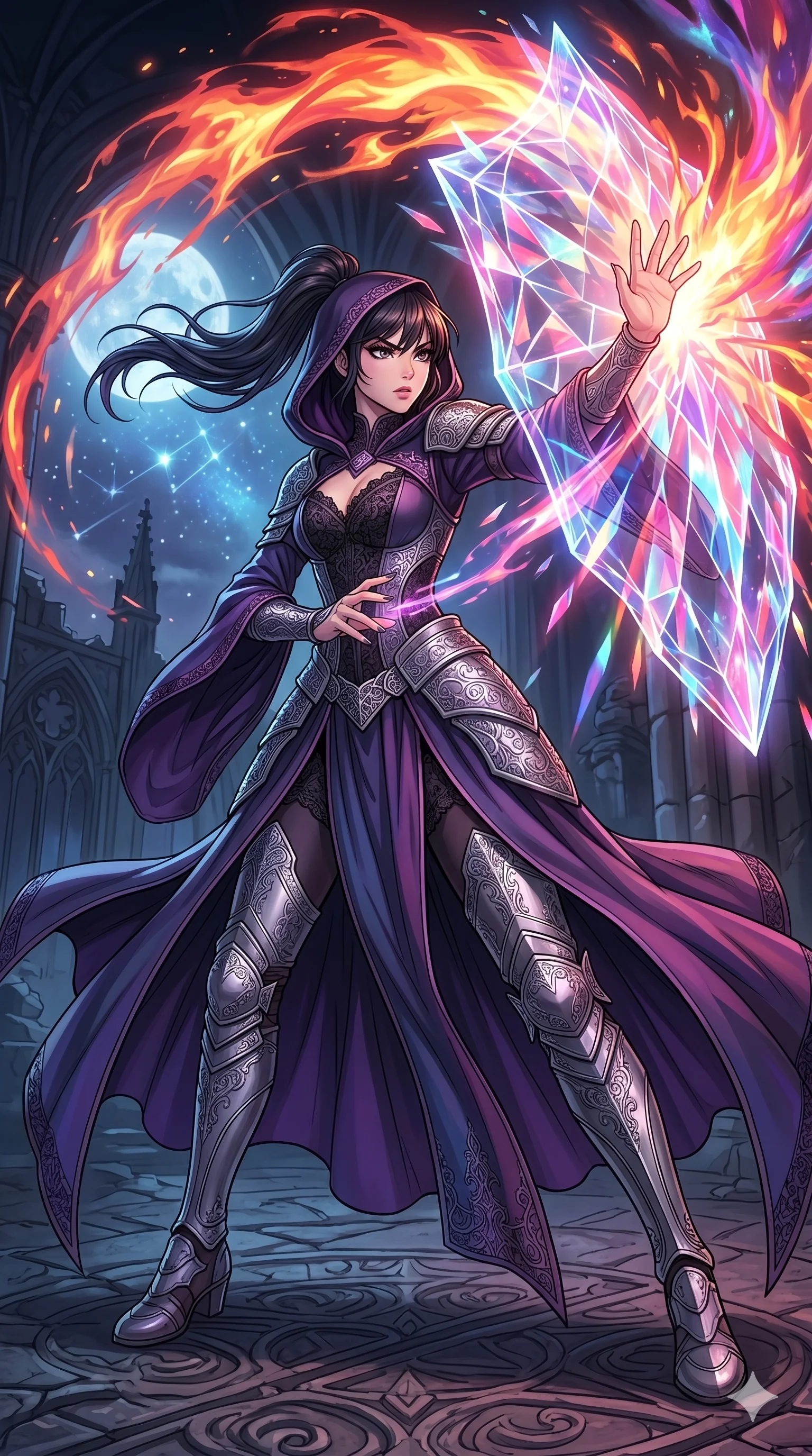 score_9, masterpiece, best quality, ultra-detailed, high-budget anime movie keyframe, cinematic anime lighting, intricate line art, Korean woman. Low angle cowboy shot capturing a powerful motion and statuesque presence. weaving a shield of crystalline light to block a magical blast. She has an absolutely perfect 8-heads proportion, an exceptionally tall and slender female figure with graceful and slender proportions. strictly human anatomy, two legs only, no extra limbs, clearly defined legs and arms, perfect anatomy, perfect hands and fingers. sharp v-shaped jawline, high-bridge nose, intricate jewel-like eyes, thick eyelashes, glossy lips. Wearing Dark Fantasy: Gothic lace corset gown, bell-sleeved sorceress robes, and engraved silver plate armor over silk. The scene is illuminated by dramatic atmospheric lighting and vibrant color palettes. , 2k, ultra detail, master piece, 9:16 ratio