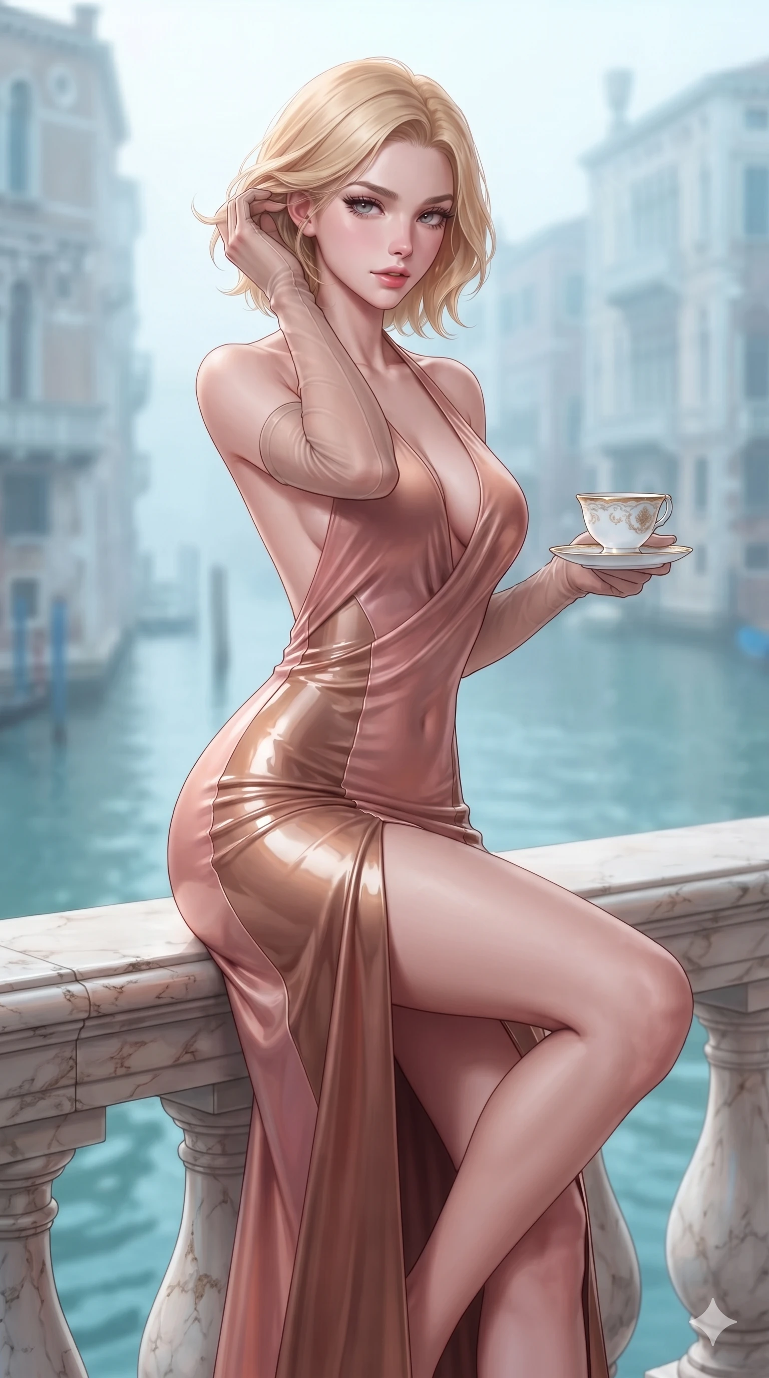 score_9, masterpiece, best quality, ultra-detailed, high-budget anime keyframe, semi-realistic 3D game render, editorial fashion photography, tasteful artistic composition, Caucasian woman. close-up cowboy shot from the waist and thighs up, the character dominates the composition, filling the frame with her large presence. gently brushing a lock of hair behind her ear while casting a playful, flirtatious side-gaze with long eyelashes while perching on the marble terrace parapet with legs crossed, arching her lower back while holding a delicate porcelain tea cup with sovereign anime grace. The composition keeps background elements in soft focus with creamy bokeh: cool Venetian canal mist softened in historic palazzo terrace shallow focus. She has an exceptionally elegant, slender, and willowy female figure with an ultra-slim waist, flat toned midriff, narrow ribcage, and sculpted feminine hips creating an alluring, slim hourglass silhouette without bulk. sharp v-shaped jawline, high-bridge nose, intricate jewel-like eyes with depth, thick eyelashes, glossy parted lips with a natural sheen, intensely captivating and seductive bedroom-eyes expression, flawlessly proportioned anatomical accuracy, strict slender model proportions, natural body alignment, perfectly sculpted long slender limbs, ultra-slim waistline, clean dynamic posture without body distortion. wearing an open-back halterneck gala gown in liquid bronze jersey that drapes gracefully along her slender spine in prismatic rose-quartz and alien peach, tailored from high-gloss patent leather with mirror-like specular highlights, complemented by sheer opera-length evening gloves tracing her slender arms, the impeccably tailored cut draping gracefully along her slender figure with aristocratic poise. bathed in luminous morning canal light with soft cyan reflections bouncing off the water surface. highly saturated vibrant anime colors, detailed shading with soft gradients, rich glossy textures, high-contrast stereoscopic depth, volumetric dynamic lighting, master piece, 9:16 ratio