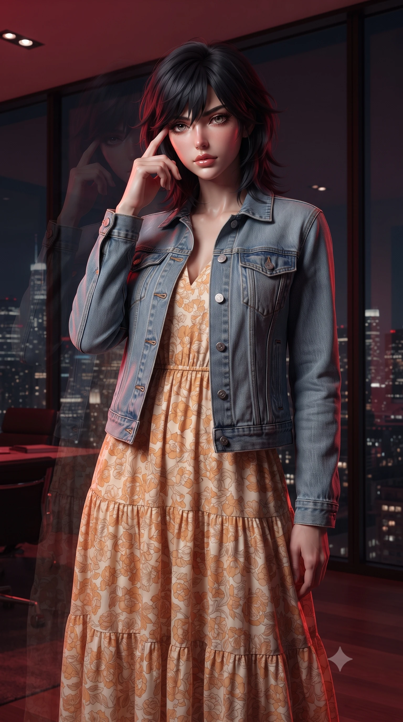 score_9, masterpiece, best quality, ultra-detailed, high-budget anime keyframe, editorial fashion photography, tasteful artistic composition, Caucasian woman, strictly human ears. close-up cowboy shot from the waist and thighs up, the character dominates the composition, filling the frame with her large presence, background elements kept in soft focus. Pressing two fingers to her temple in a composed thoughtful gesture. set against a soft-focus background of standing against floor-to-ceiling windows of a minimalist penthouse office with the entire night city reflected in the glass creating a ghostly double-exposure effect where interior and exterior merge in the reflection. She has an exceptionally elegant and slender, willowy female figure with an ultra-slim waist, a gracefully sculpted slender torso, and a refined slim physique. sharp v-shaped jawline, high-bridge nose, intricate jewel-like eyes with depth, thick eyelashes, glossy lips with a natural sheen. wearing a tailored light blue denim jacket over a tiered cotton maxi dress in a warm cream and apricot floral print. deep crimson theatrical lighting with sharp specular highlights on every curve. 2k, ultra detail, master piece, 9:16 ratio