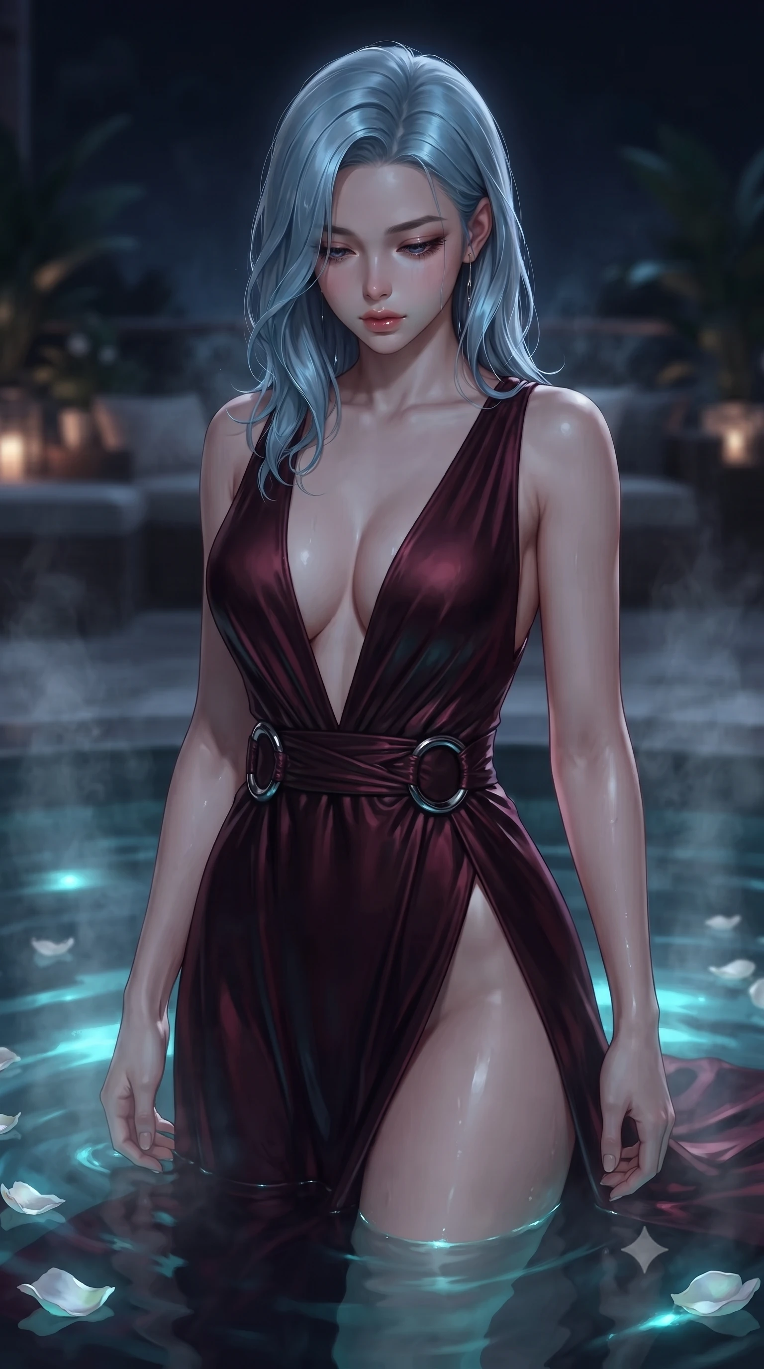 score_9, masterpiece, best quality, ultra-detailed, high-budget anime keyframe, editorial fashion photography, tasteful artistic composition, Korean woman. close-up cowboy shot from the waist and thighs up, the character dominates the composition, filling the frame with her large presence, background elements kept in soft focus. Looking down with lowered lashes and a composed, powerful dark aura, immersed to the waist in a heated private pool with floating white rose petals, gentle steam rising from the heated water into the cool midnight air. She has an exceptionally elegant, slender, and willowy female figure with an ultra-slim waist, a gracefully sculpted slender torso, and a refined silhouette. sharp v-shaped jawline, high-bridge nose, intricate jewel-like eyes with depth, thick eyelashes, glossy lips with a natural sheen. wearing deep plunging V-neckline midnight gown with daring high thigh slit in deep crimson burgundy, made of liquid dark mercury jersey, accented with sculpted obsidian chrome rings at the waist, the fitted fabric emphasizing her ultra-slim waist. surrounded by a moody nocturnal ambiance with glowing aqua water highlights. ultra-reflective glossy finish, specular highlights, metallic sheen, high-contrast stereoscopic depth, volumetric dynamic lighting, 2k, ultra detail, master piece, 9:16 ratio