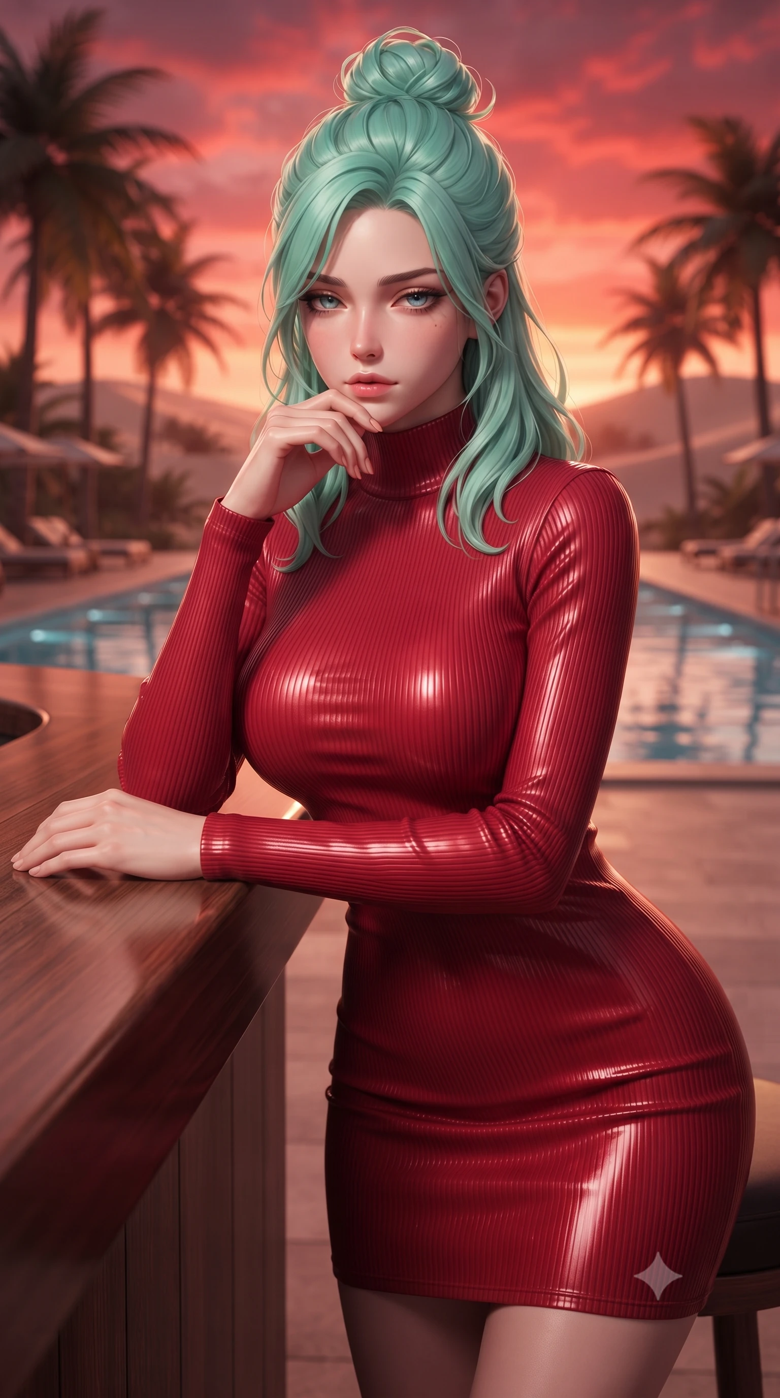 score_9, masterpiece, best quality, ultra-detailed, high-budget anime keyframe, editorial fashion photography, tasteful artistic composition, Japanese woman woman. close-up cowboy shot from the waist and thighs up, the character dominates the composition, filling the frame with her large presence, background elements kept in soft focus. resting her chin on the backs of her fingers, casting a heavy-lidded, sultry look past the camera the background shows a soft-focus a resort pool surrounded by tall palms and sand dunes at sunset. She has an exceptionally elegant, slender, and willowy female figure with an ultra-slim waist, a gracefully sculpted slender torso, and a refined silhouette. sharp v-shaped jawline, high-bridge nose, intricate jewel-like eyes with depth, thick eyelashes, glossy lips with a natural sheen. wearing a tailored body-hugging ribbed bodycon dress in crimson red, detailed with a tight mock-neck. the warm red and orange sunset sky casting a dramatic glow over the pool. ultra-reflective glossy finish, specular highlights, metallic sheen, high-contrast stereoscopic depth, volumetric dynamic lighting, 2k, ultra detail, master piece, 9:16 ratio