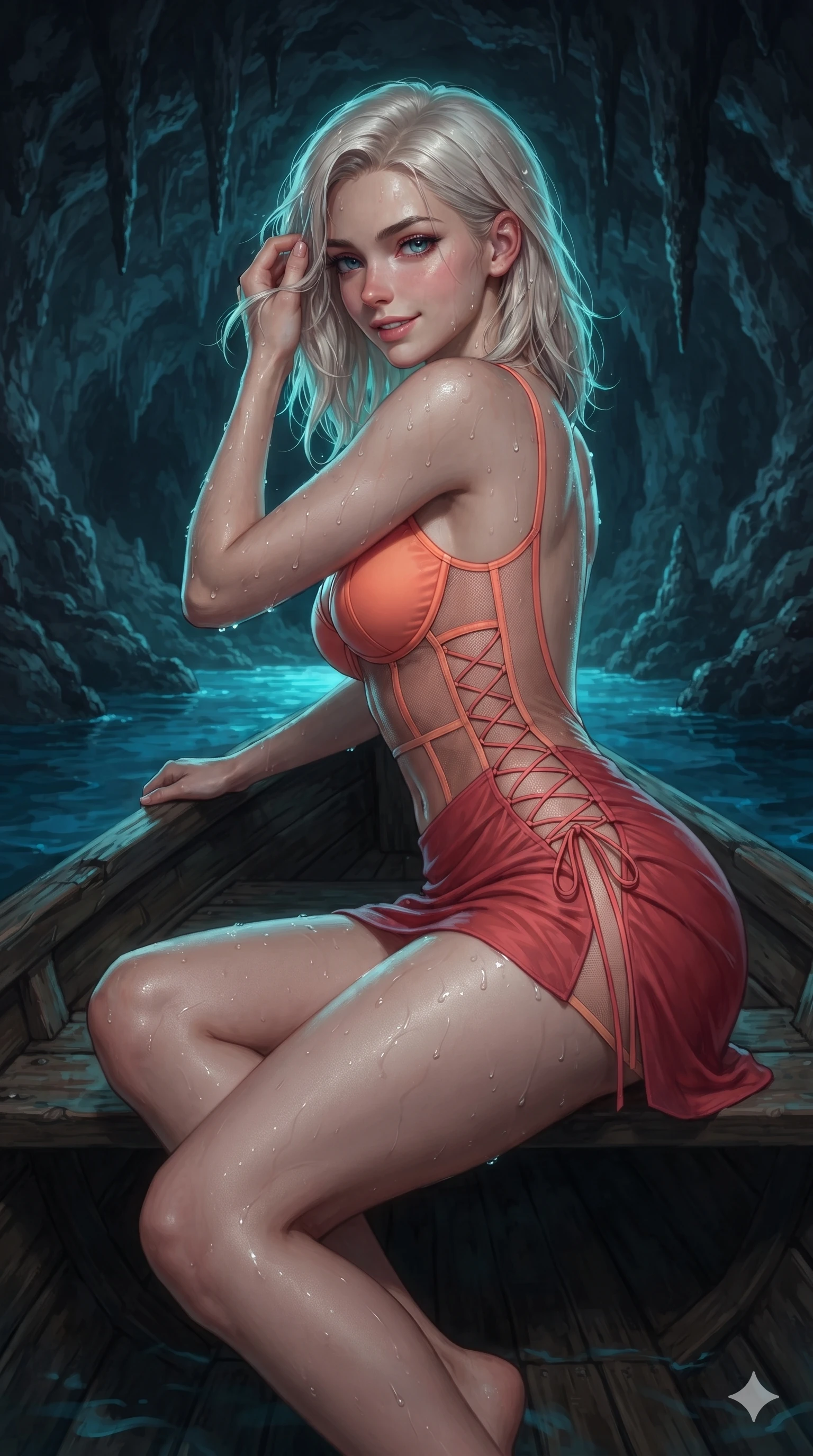 score_9, masterpiece, best quality, ultra-detailed, high-budget anime keyframe, editorial fashion photography, tasteful artistic composition, Caucasian woman. close-up cowboy shot from the waist and thighs up, the character dominates the composition, filling the frame with her large presence. gently brushing a lock of salt-kissed hair behind her ear while casting a playful, flirtatious side-gaze with long eyelashes while lounging in the wooden skiff propped on one elbow, her flat midriff and long slender legs bathed in ethereal subterranean electric-blue light. The surrounding environment is rendered in vivid detail and crisp panoramic clarity: detailed second-skin wet-look swimwear, water droplet beads on skin, and natural sea cavern geology in high resolution. She has an exceptionally elegant, slender, and willowy female figure with an ultra-slim waist, flat toned midriff, narrow ribcage, and sculpted feminine hips creating an alluring, slim hourglass silhouette without bulk. sharp v-shaped jawline, high-bridge nose, sparkling eyes with hypnotic seductive depth, thick curled eyelashes, glossy parted lips with a natural dewy peach sheen, alluring bedroom-eyes with an enchanting coquettish smile, exuding magnetic siren charisma and sophisticated glamour, flawlessly proportioned anatomical accuracy, strict slender model proportions, natural body alignment, perfectly sculpted long slender limbs, ultra-slim waistline, clean dynamic posture without body distortion. wearing a structured underwire bikini bustier top paired with an ultra-short draped sarong wrap mini skirt in blazing sunset peach and deep coral crimson, featuring strategic sheer-illusion micro-mesh cutouts along her ribcage and hip flanks, featuring fine criss-cross lace-up side ties revealing tantalizing glimpses of her hip curve, the precision-cut side openings and low-back scoop framing her graceful spine and the sensual sweep of her slim, toned hips. illuminated by glowing water bounce and sharp cyan-teal rim lights defining her razor-sharp jawline, narrow waist, and curvy hips against dark cavern stone. ultra-reflective glossy finish, specular highlights, rich textural contrasts, high-contrast stereoscopic depth, volumetric dynamic lighting, 2k, ultra detail, master piece, 9:16 ratio