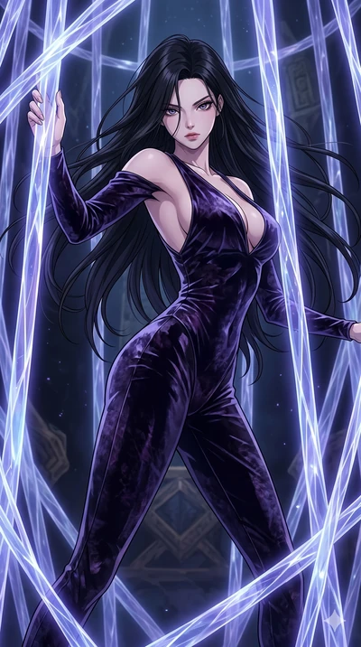 score_9, masterpiece, best quality, ultra-detailed, High-budget Anime Keyframe, East Asian woman. Dynamic full-body shot stretching the vertical silhouette to the limit. Scenario 132: Trapped in a cage of glowing crystalline fibers, body pressing aga