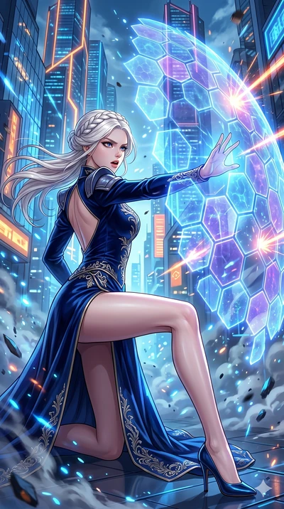 score_9, masterpiece, best quality, ultra-detailed, Set C: High-budget Anime Keyframe, Korean woman. Low angle cowboy shot filling the entire 9:16 frame with her statuesque presence. Summoning a shield made of hexagonal energy tiles in a futuristic c