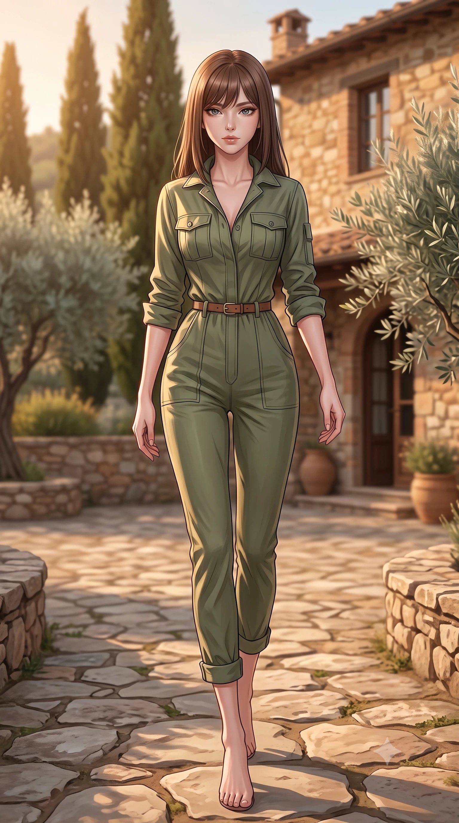 score_9, masterpiece, best quality, ultra-detailed, high-budget anime keyframe, editorial fashion photography, tasteful artistic composition, Korean woman woman. low angle full-body shot from head to toe showing her feet, filling the entire 9:16 vertical frame with her statuesque presence, stretching her vertical silhouette. stepping gracefully across a stone path in the garden the background shows a soft-focus a rustic stone patio of a Tuscan villa surrounded by cypress trees and olive orchards. She has an absolutely perfect, statuesque 8.5-heads proportion, an exceptionally tall and slender model-like female figure with impossibly long slender legs and an ultra-slim waist. sharp v-shaped jawline, high-bridge nose, intricate jewel-like eyes with depth, thick eyelashes, glossy lips with a natural sheen. wearing a body-hugging comfortable olive green cotton utility jumpsuit with a structured collar and rolled-up sleeves. warm golden hour sunbeams bathing the stone structure in an amber wash. 2k, ultra detail, master piece, 9:16 ratio
