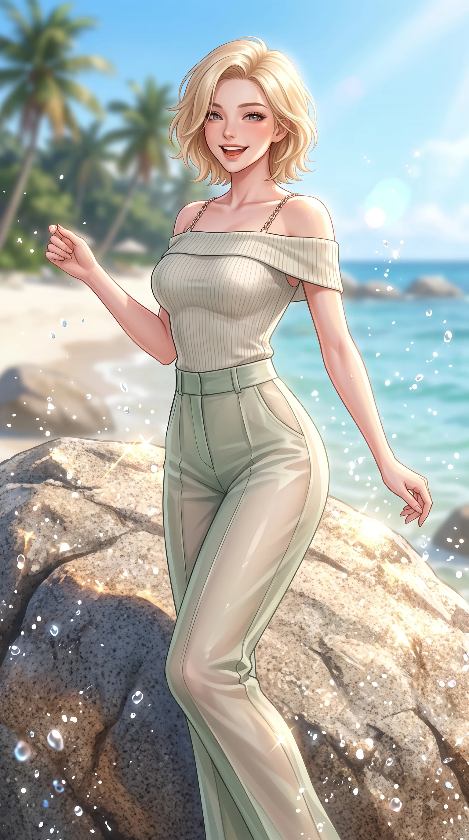 score_9, masterpiece, best quality, ultra-detailed, high-budget anime keyframe, editorial fashion photography, tasteful artistic composition, Caucasian woman. close-up cowboy shot from the waist and thighs up, the character dominates the composition, filling the frame with her large presence, background elements kept in soft focus. Warm delightful smile while casting a playful, joyful side-gaze with heavy lashes and a glowing expression while pivoting gracefully on a sun-drenched granite sea boulder with a beaming happy expression, dazzling tropical sunlight scattering sparkling water droplets around her laughing silhouette. She has an exceptionally elegant, slender, and willowy female figure with an ultra-slim waist, a gracefully sculpted slender torso, and a refined silhouette. sharp v-shaped jawline, high-bridge nose, intricate jewel-like eyes with depth, thick eyelashes, glossy lips with a natural sheen, flawlessly proportioned anatomical accuracy, natural body alignment, perfectly sculpted elegant limbs, clean dynamic posture without body distortion. wearing a sleek off-shoulder ribbed knit top paired with high-waist tailored pants in sage green and oatmeal, woven from fine semi-opaque sheer organza, adorned with delicate metallic chain straps along the neckline, the sleek second-skin texture accentuating her magnetic presence. surrounded by a bright, pristine beach ambiance with cheerful specular highlights. highly saturated vibrant anime colors, detailed shading with soft gradients, rich glossy textures, high-contrast stereoscopic depth, volumetric dynamic lighting, master piece, 9:16 ratio