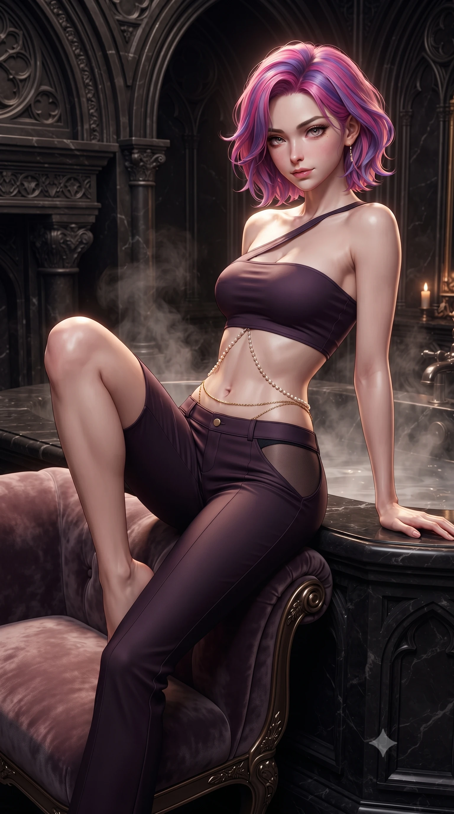 score_9, masterpiece, best quality, ultra-detailed, high-budget anime keyframe, editorial fashion photography, tasteful artistic composition, Caucasian woman. close-up cowboy shot from the waist and thighs up, the character dominates the composition, filling the frame with her large presence. perched sideways on the lounge seat, one knee drawn up to showcase her slender leg line while her arched back accentuates her feminine hip curve while leaning back against the steaming black stone tub with hips cocked back, looking into the lens with an intoxicating, smoldering gaze. The surrounding environment is rendered in vivid detail and crisp panoramic clarity: detailed wet-look satin slip cling, delicate gold waist chain shine, and bespoke gothic bathroom craftsmanship in high resolution. She has an exceptionally elegant, slender, and willowy female figure with an ultra-slim waist, flat toned midriff, narrow ribcage, and sculpted feminine hips creating an alluring, slim hourglass silhouette without bulk. sharp v-shaped jawline, high-bridge nose, sparkling eyes with hypnotic seductive depth, thick curled eyelashes, glossy parted lips with a natural dewy peach sheen, alluring bedroom-eyes with an enchanting coquettish smile, exuding magnetic siren charisma and sophisticated glamour, flawlessly proportioned anatomical accuracy, strict slender model proportions, natural body alignment, perfectly sculpted long slender limbs, ultra-slim waistline, clean dynamic posture without body distortion. wearing a form-contouring one-shoulder minimalist bandeau top paired with low-rise tailored trousers with sheer hip cutouts in dark plum violet and gilded bronze with sheer obsidian overlays, tailored from fine structural neoprene with crisp architectural edges and smooth contouring, accented with a pearl-drop body harness subtly framing her dewy collarbones and spine, the glove-like clinging cut tightly following the natural contour of her hips and long slender legs with youthful 8.5-heads elegance. illuminated by bathwater reflection bounce and sharp warm-gold rim lights defining her delicate clavicles, ultra-slim waist, and curvy hips. ultra-reflective glossy finish, specular highlights, rich textural contrasts, high-contrast stereoscopic depth, volumetric dynamic lighting, 2k, ultra detail, master piece, 9:16 ratio