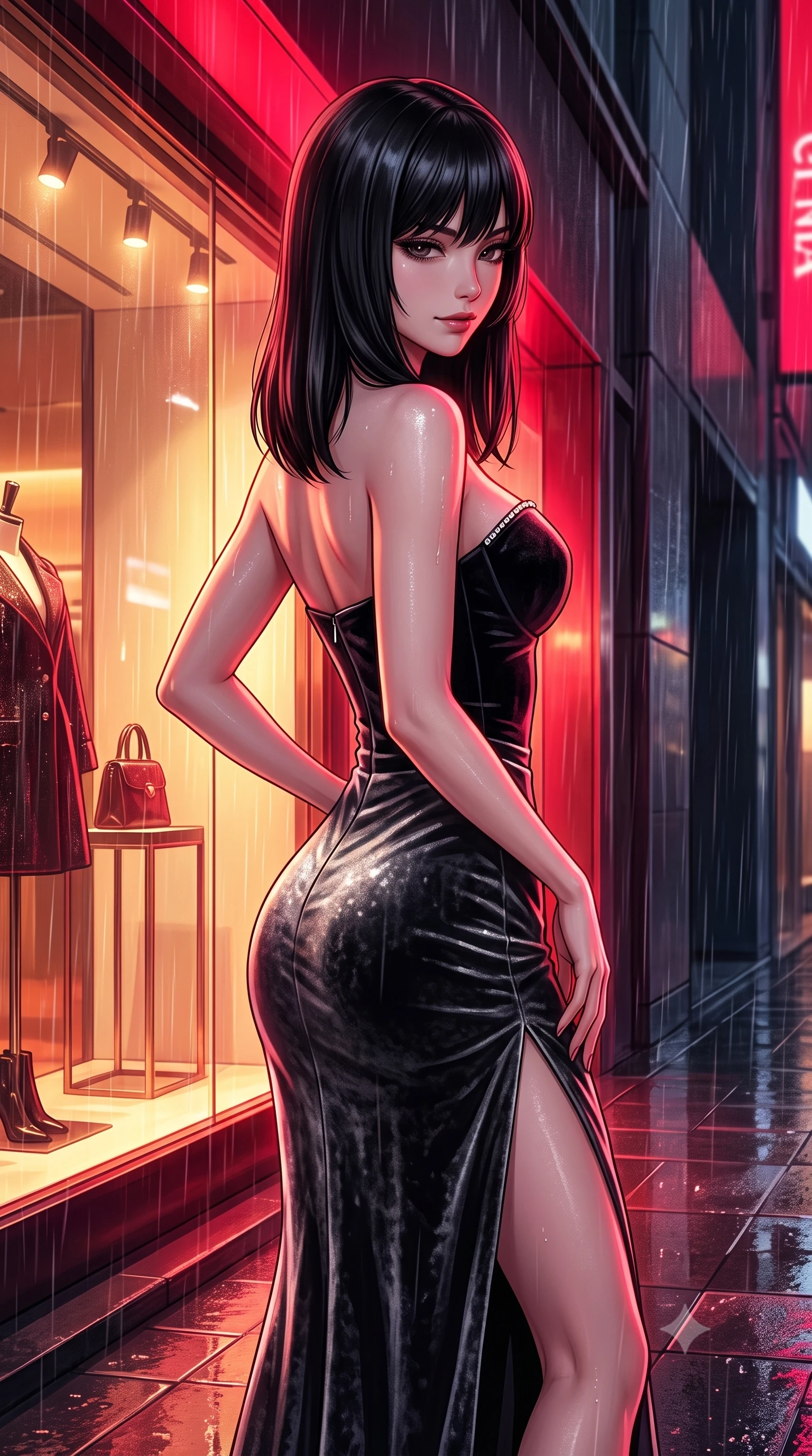 score_9, masterpiece, best quality, ultra-detailed, high-budget anime keyframe, semi-realistic 3D game render, editorial fashion photography, tasteful artistic composition, Caucasian woman. close-up cowboy shot from the waist and thighs up, the character dominates the composition, filling the frame with her large presence. glancing down over lowered lashes before meeting the camera with quiet, devastating intensity, her tailored outfit tracing her ultra-slim waist and hips while pausing beside an illuminated luxury boutique window with hips cocked back, glancing back with an enchanting, dangerous smile through falling rain. The surrounding environment is rendered in vivid detail and crisp panoramic clarity. detailed outfit drape, wet reflections on skin, and Ginza architecture lines in razor-sharp resolution. She has an exceptionally elegant, slender, and willowy female figure with an ultra-slim waist, flat toned midriff, narrow ribcage, and sculpted feminine hips creating an alluring, slim hourglass silhouette without bulk. sharp v-shaped jawline, high-bridge nose, intricate jewel-like dark sparkling eyes with dangerous depth, thick curled eyelashes, glossy parted lips with a rich wine sheen, smoldering seductive half-smile with bedroom-eyes, exuding effortless superiority and intoxicating dark allure, flawlessly proportioned anatomical accuracy, strict slender model proportions, natural body alignment, perfectly sculpted long slender limbs, ultra-slim waistline, clean dynamic posture without body distortion. wearing a sweetheart-neckline velvet bustier paired with a curve-hugging high-slit mermaid maxi skirt in shimmering pewter and noir velvet black, tailored from crushed dark velvet with deep light-absorbing plush texture, finished with subtle crystal rhinestones lining the plunging neckline, the form-contouring cut accentuating her sculpted flat midriff, narrow delicate ribcage, and gracefully curvy hips with sovereign high-fashion precision. bathed in intense saturated crimson and warm gold neon underlights contrasting with dark rain-soaked shadow tones. highly saturated vibrant anime colors, detailed shading with soft gradients, rich glossy textures, high-contrast stereoscopic depth, volumetric dynamic lighting, master piece, 9:16 ratio
