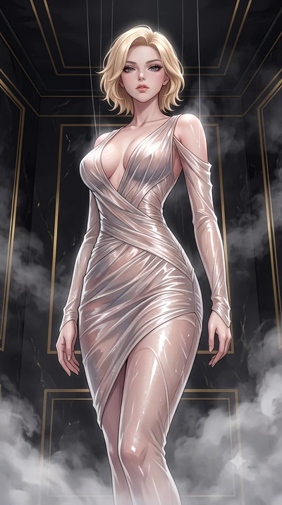 score_9, masterpiece, best quality, ultra-detailed, High-budget Anime Keyframe, Caucasian woman, strictly human ears. Low angle cowboy shot filling the entire 9:16 frame with her statuesque presence. Scenario 359: suspended by invisible silk threads 
