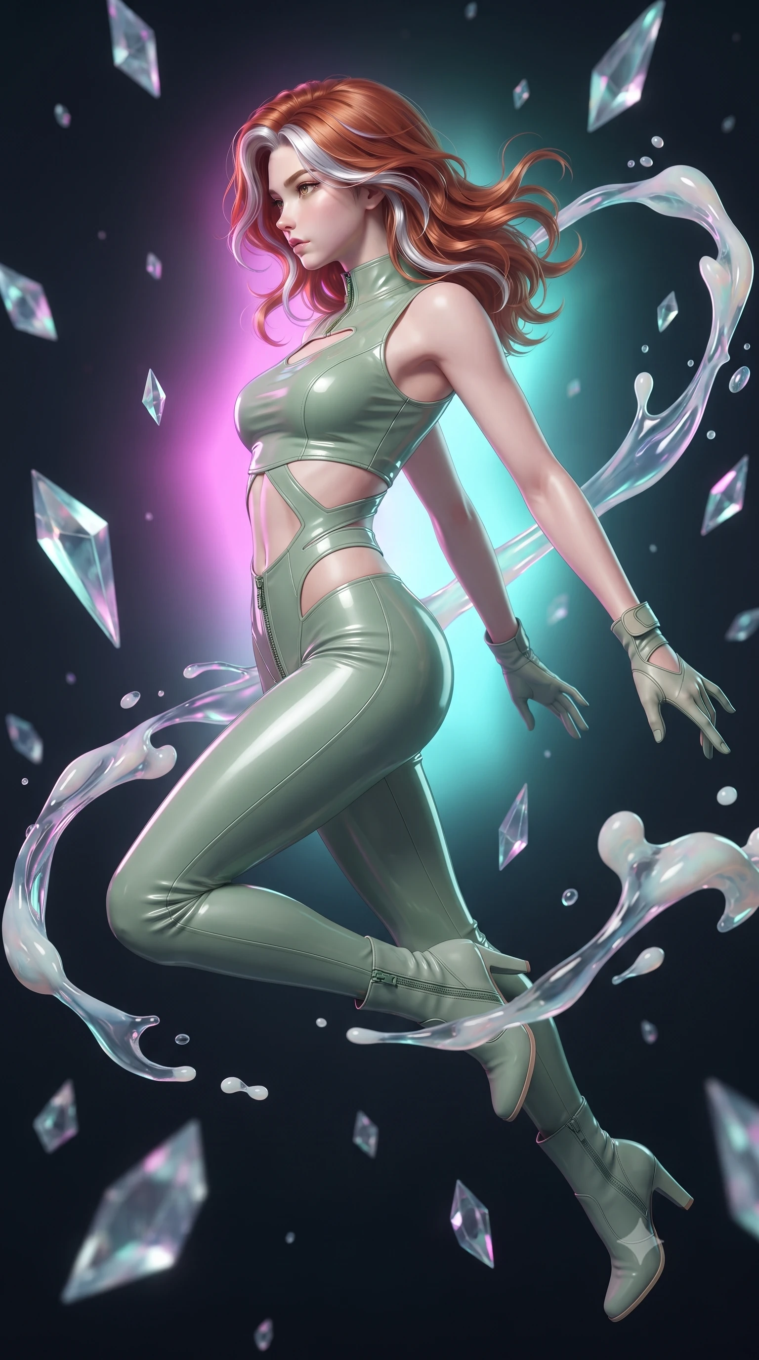 score_9, masterpiece, best quality, ultra-detailed, high-budget anime keyframe, editorial fashion photography, tasteful artistic composition, Caucasian woman. close-up cowboy shot from the waist and thighs up, the character dominates the composition, filling the frame with her large presence, background elements kept in soft focus. Turning her face in sharp profile while her upper body leans forward with poised athletic grace while leaping gracefully through mid-air inside a zero-gravity void filled with floating crystal prisms, viscous opal liquid trails swirling around her silhouette in fluid zero-gravity arcs. She has an exceptionally elegant, slender, and willowy female figure with an ultra-slim waist, a gracefully sculpted slender torso, and a refined silhouette. sharp v-shaped jawline, high-bridge nose, intricate jewel-like eyes with depth, thick eyelashes, glossy lips with a natural sheen, flawlessly proportioned anatomical accuracy, natural body alignment, perfectly sculpted elegant limbs, clean dynamic posture without body distortion. wearing a glossy vinyl crop top and high-waist tailored leggings with sleek zippers in sage green and oatmeal, crafted from smooth liquid silk, featuring subtle geometric cutouts that highlight her ultra-slim midriff, the elegant draped fit framing her graceful clavicle and slender torso. surrounded by a radiant aura of neon magenta and turquoise fluid highlights. ultra-reflective glossy finish, specular highlights, metallic sheen, high-contrast stereoscopic depth, volumetric dynamic lighting, 2k, ultra detail, master piece, 9:16 ratio