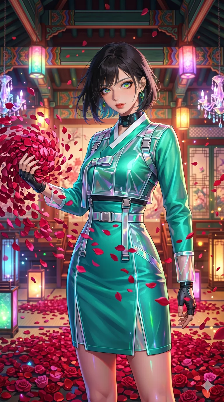 첨부의 캐릭터 얼굴만 유지해, score_9, masterpiece, best quality, ultra-detailed, Set B: Semi-realistic 3D Game Render, Caucasian woman (strictly human ears). Upper body close-up from the thighs up, character filling the screen for maximum presence. Summoning a storm of rose petals in a grand ballroom. She has an absolutely perfect 8-heads proportion, an exceptionally tall and slender female figure with an slender waist and romantic aura. Sharp v-shaped jawline, high-bridge nose, intricate jewel-like eyes with depth, thick eyelashes, glossy lips. Wearing a Modern Traditional outfit: tech-hanbok with transparent panels and metallic straps. Background is a bright and colorful palace interior with glowing lights and thousands of red petals. 2k, ultra detail, master piece, 9:16 ratio