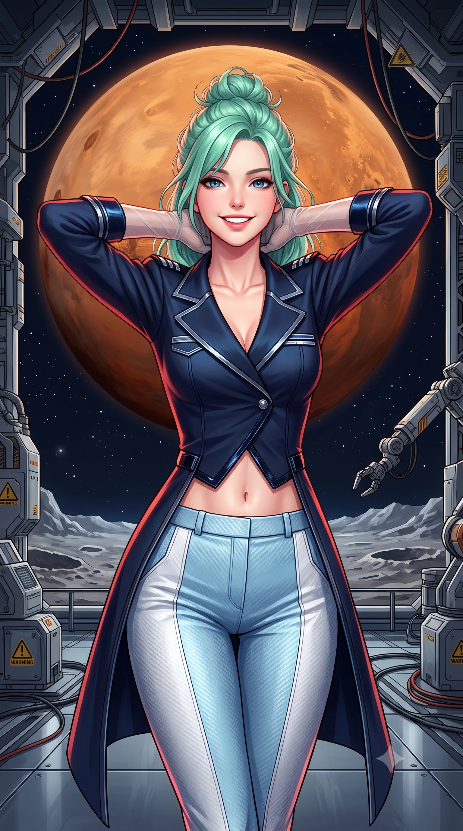score_9, masterpiece, best quality, ultra-detailed, high-budget anime keyframe, semi-realistic 3D game render, editorial fashion photography, tasteful artistic composition, Japanese woman. close-up cowboy shot from the waist and thighs up, the character dominates the composition, filling the frame with her large presence. resting both hands lightly behind her neck with elbows raised, arching her spine to highlight her narrow waist, flat midriff, and breathtaking collarbones while standing poised inside the cavernous crater hangar opening directly onto the airless void, arching her lower back with commanding presence as the gigantic ochre disk of Mars looms above. The surrounding environment is rendered in vivid detail and crisp panoramic clarity: detailed pilot uniform lines, glossy patent leather trims, and airless space station engineering in high resolution. She has an exceptionally elegant, slender, and willowy female figure with an ultra-slim waist, flat toned midriff, narrow ribcage, and sculpted feminine hips creating an alluring, slim hourglass silhouette without bulk. sharp v-shaped jawline, high-bridge nose, intricate jewel-like sparkling eyes with depth, thick eyelashes, glossy parted lips with a natural peach sheen, bright cheerful beaming smile with an enchanting and coquettish sensual glint, exuding both youthful cute charm and seductive allure, flawlessly proportioned anatomical accuracy, strict slender model proportions, natural body alignment, perfectly sculpted long slender limbs, ultra-slim waistline, clean dynamic posture without body distortion. wearing a tailored flight command officer coat in midnight navy with structured lapels, metallic rank braids, and tailored slim trousers in arctic cryo-glacier ice blue and platinum white, woven from structured carbon-fiber jacquard with rich textural depth, complemented by sheer opera-length evening gloves tracing her slender arms, the impeccably tailored cut draping gracefully along her slender figure with aristocratic poise. illuminated by titanium floor reflection bounce and sharp Mars-red rim lights defining her jawline, narrow waist, and curvy hips. highly saturated vibrant anime colors, detailed shading with soft gradients, rich glossy textures, high-contrast stereoscopic depth, volumetric dynamic lighting, master piece, 9:16 ratio