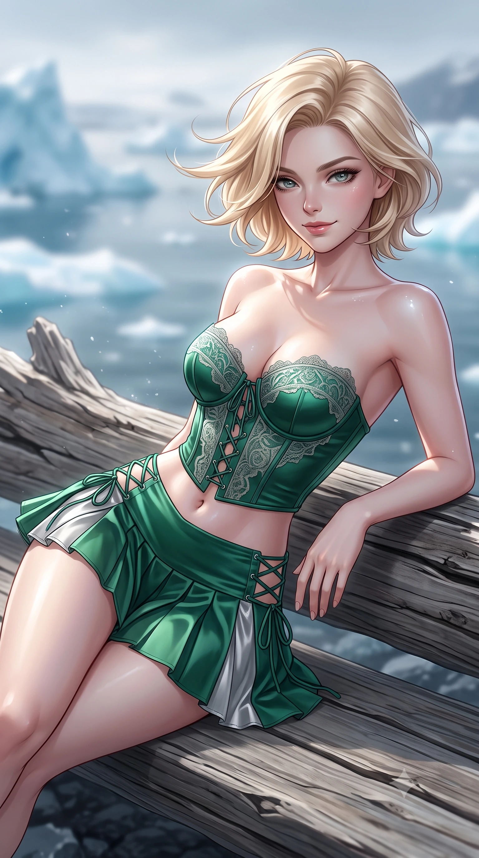 score_9, masterpiece, best quality, ultra-detailed, high-budget anime keyframe, editorial fashion photography, tasteful artistic composition, Caucasian woman. close-up cowboy shot from the waist and thighs up, the character dominates the composition, filling the frame with her large presence. turning slowly with an enchanting smoldering smile, her glossy hair tossing in the breeze as her hips angle gracefully in a captivating contrapposto while reclining gracefully on the dry basalt driftwood bench propped on one elbow with legs extended, displaying her long slender limbs and statuesque hourglass silhouette. The background shows a soft-focus fine glacial ocean spray softened in surreal Nordic iceberg sanctuary shallow focus. She has an exceptionally elegant, slender, and willowy female figure with an ultra-slim waist, flat toned midriff, narrow ribcage, and sculpted feminine hips creating an alluring, slim hourglass silhouette without bulk. sharp v-shaped jawline, high-bridge nose, intricate jewel-like sparkling eyes with depth, thick eyelashes, glossy parted lips with a natural peach sheen, bright cheerful beaming smile with an enchanting and coquettish sensual glint, exuding both youthful cute charm and seductive allure, flawlessly proportioned anatomical accuracy, strict slender model proportions, natural body alignment, perfectly sculpted long slender limbs, ultra-slim waistline, clean dynamic posture without body distortion. wearing a structured Seville boned lace-up bustier top paired with an ultra-short low-rise pleated micro mini skirt in Art Nouveau malachite green and antique starlight silver, crafted from fluid liquid silk satin that clings smoothly to her narrow waist and rounded hips with a dewy sheen, featuring fine criss-cross lace-up side ties revealing tantalizing glimpses of her hip curve, the second-skin tailored fabric adhering flawlessly to her sculpted flat midriff and slender torso, emphasizing her long leg lines and perfectly proportioned willowy build. illuminated by ice crystal specular refraction and sharp diamond-silver rim lights defining her dewy collarbones, ultra-slim waist, and curvy hips. ultra-reflective glossy finish, specular highlights, rich textural contrasts, high-contrast stereoscopic depth, volumetric dynamic lighting, 2k, ultra detail, master piece, 9:16 ratio