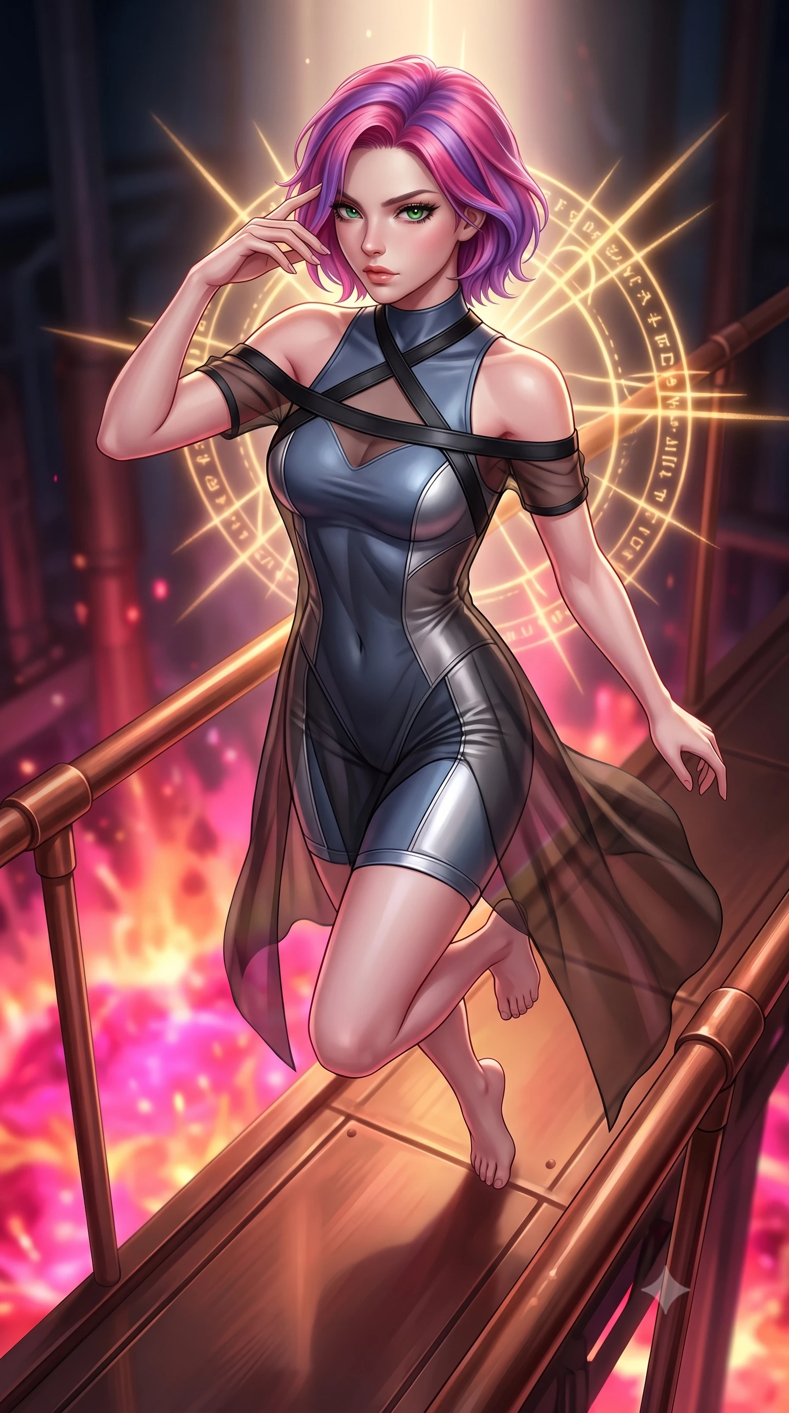 score_9, masterpiece, best quality, ultra-detailed, high-budget anime keyframe, editorial fashion photography, tasteful artistic composition, Caucasian woman. close-up cowboy shot from the waist and thighs up, the character dominates the composition, filling the frame with her large presence, background elements kept in soft focus. Resting her fingers gracefully near her temple, casting a sharp mysterious side-gaze during her stride while leaping across a copper catwalk as boiling liquid aurora energy erupts below, boiling liquid aurora energy radiating intense hot pink and orange light from below. She has an exceptionally elegant, slender, and willowy female figure with an ultra-slim waist, a gracefully sculpted slender torso, and a refined silhouette. sharp v-shaped jawline, high-bridge nose, intricate jewel-like eyes with depth, thick eyelashes, glossy lips with a natural sheen, flawlessly proportioned anatomical accuracy, natural body alignment, perfectly sculpted elegant limbs, clean dynamic posture without body distortion. wearing a semi-opaque sheer overlay dress over a leather micro-bodysuit in slate blue and metallic silver, formed from sleek second-skin neoprene, complemented by criss-cross back straps highlighting her bare shoulders, the glove-like fit emphasizing her statuesque silhouette during motion. illuminated by golden alchemy rune radiance and dramatic top key light. highly saturated vibrant anime colors, detailed shading with soft gradients, rich glossy textures, high-contrast stereoscopic depth, volumetric dynamic lighting, master piece, 9:16 ratio
