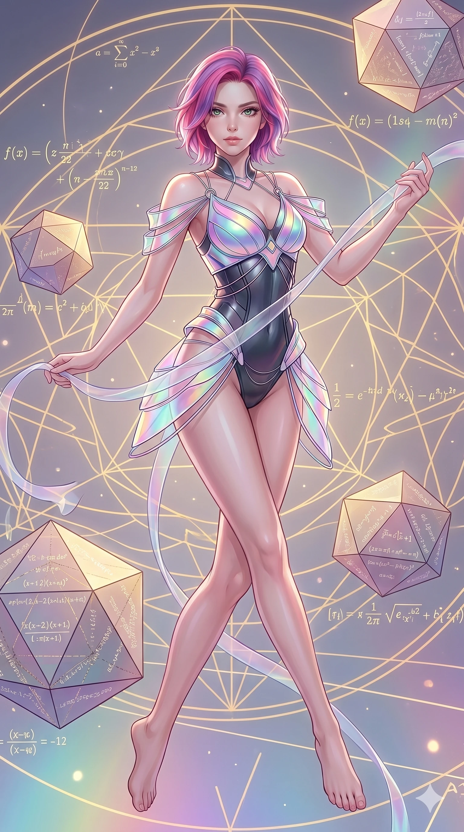 score_9, masterpiece, best quality, ultra-detailed, high-budget anime keyframe, Caucasian woman, strictly human ears. upper body close-up from the thighs up, character filling the screen for maximum presence. floating gracefully in a mathematical mandala void filled with golden geometric lines of complex formulas, holding a translucent ribbon as she glides between floating regular polyhedrons. She has an absolutely perfect 8-heads proportion, an exceptionally tall and slender female figure with impossibly long slender legs and an ultra-slim waist. V-shaped jawline, high-bridge nose, intricate jewel-like eyes with depth, thick eyelashes, glossy lips with a natural sheen.. wearing a holographic ribbon shell armor, featuring thin iridescent plates linked by wire straps over a sleek structured base layer. enhanced by a luminous pastel spectrum glow, casting elegant rim lights on her shoulders and jawline. 2k, ultra detail, master piece, 9:16 ratio