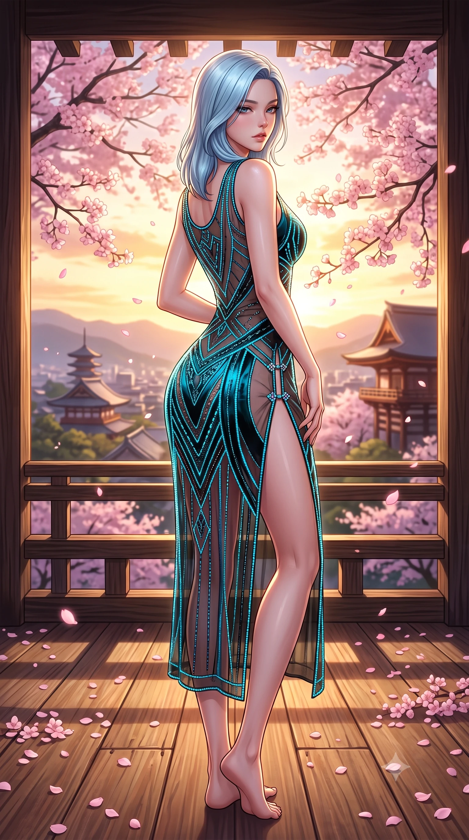 score_9, masterpiece, best quality, ultra-detailed, high-budget anime keyframe, semi-realistic 3D game render, editorial fashion photography, tasteful artistic composition, Korean woman. low angle full-body shot from head to toe showing her feet, filling the entire 9:16 vertical frame with her statuesque presence, stretching her vertical silhouette. posing with back turned slightly to the lens, glancing back with smoldering allure as she arches her lower back to emphasize her sculpted feminine hips and slender waist while turning in an alluring dancer S-curve as evening breezes scatter soft pink sakura petals across the ancient wooden stage planks. The surrounding environment is rendered in vivid detail and crisp panoramic clarity. detailed silk kimono or modern fusion gown weave, sunset sheen on skin, and Kyoto valley landscape in high clarity. She has an exceptionally tall and slender model-like 8.5-heads proportion, an ultra-slim waist, a flat toned midriff, narrow delicate ribcage, and beautifully sculpted feminine hips creating a graceful, slim hourglass silhouette without any bulky heaviness, with impossibly long slender legs. sharp v-shaped jawline, high-bridge nose, intricate jewel-like eyes with depth, thick eyelashes, glossy parted lips with a natural sheen, intensely captivating and seductive bedroom-eyes expression, flawlessly proportioned anatomical accuracy, strict slender model proportions, natural body alignment, perfectly sculpted long slender limbs, ultra-slim waistline, clean dynamic posture without body distortion. wearing a sheer vintage mesh flapper dress adorned with intricate geometric beadwork over an opaque silk slip in neon electric cyan and lacquer black, crafted from heavyweight crushed silk velvet with liquid vintage luster, finished with an ultra-high side slit secured by miniature jeweled clasps, the glove-like aerodynamic silhouette tightly following the natural contour of her hips and long slender legs with statuesque 8.5-heads elegance. bathed in breathtaking golden hour sunset backlighting filtered through cherry blossom branches. highly saturated vibrant anime colors, detailed shading with soft gradients, rich glossy textures, high-contrast stereoscopic depth, volumetric dynamic lighting, master piece, 9:16 ratio