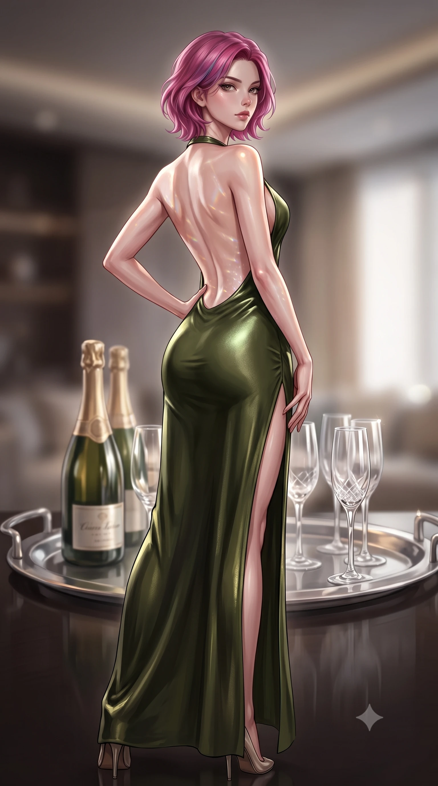 score_9, masterpiece, best quality, ultra-detailed, high-budget anime keyframe, editorial fashion photography, tasteful artistic composition, Caucasian woman. low angle full-body shot from head to toe showing her feet, filling the entire 9:16 vertical frame with her statuesque presence, stretching her vertical silhouette. posing confidently with one hand on her hip, stretching her statuesque body to emphasize her curves the background shows a soft-focus a private box suite pantry with champagne bottles and crystal glasses on a silver tray. She has an absolutely perfect, statuesque 8.5-heads proportion, an exceptionally tall and slender model-like female figure with impossibly long slender legs and an ultra-slim waist. sharp v-shaped jawline, high-bridge nose, intricate jewel-like eyes with depth, thick eyelashes, glossy lips with a natural sheen. wearing a body-hugging dramatic open-back maxi dress in olive green, featuring a high thigh slit. shimmering light refracting through glass onto her elegant collarbone. ultra-reflective glossy finish, specular highlights, metallic sheen, high-contrast stereoscopic depth, volumetric dynamic lighting, 2k, ultra detail, master piece, 9:16 ratio