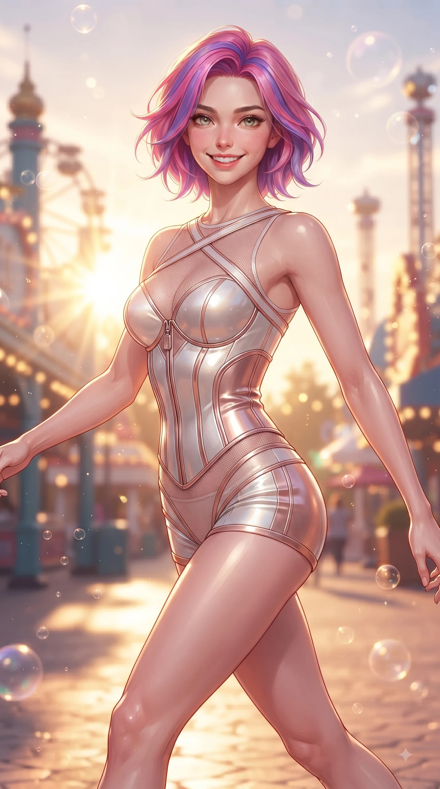 score_9, masterpiece, best quality, ultra-detailed, high-budget anime keyframe, editorial fashion photography, tasteful artistic composition, Caucasian woman. close-up cowboy shot from the waist and thighs up, the character dominates the composition, filling the frame with her large presence, background elements kept in soft focus. Gazing directly into the camera with a joyful, infectious smile as her torso curves dynamically in mid-stride while stepping happily down a lit amusement park avenue surrounded by glowing light bulbs, golden hour sunbursts filtering through theme park structures in magical beams. She has an exceptionally elegant, slender, and willowy female figure with an ultra-slim waist, a gracefully sculpted slender torso, and a refined silhouette. sharp v-shaped jawline, high-bridge nose, intricate jewel-like eyes with depth, thick eyelashes, glossy lips with a natural sheen, flawlessly proportioned anatomical accuracy, natural body alignment, perfectly sculpted elegant limbs, clean dynamic posture without body distortion. wearing a chrome-plated structured bodice worn over a sheer mesh top and micro-shorts in pearl white and rose gold, formed from sleek second-skin neoprene, complemented by criss-cross back straps highlighting her bare shoulders, the tailored fabric tightly following every curve of her athletic build. illuminated by cheerful festive backlighting with soft golden bokeh bubbles. ultra-reflective glossy finish, specular highlights, metallic sheen, high-contrast stereoscopic depth, volumetric dynamic lighting, 2k, ultra detail, master piece, 9:16 ratio