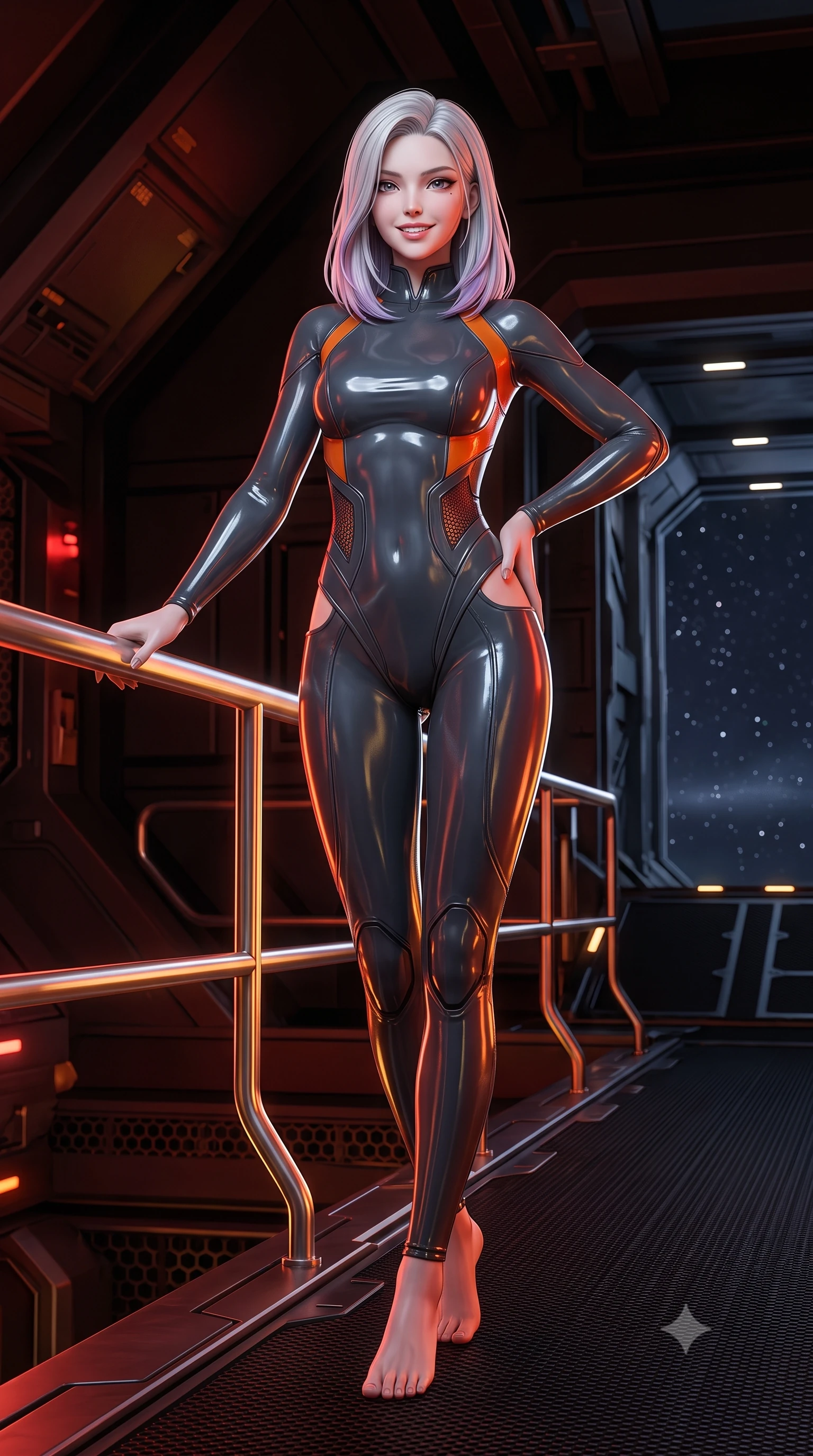 score_9, masterpiece, best quality, ultra-detailed, high-budget anime keyframe, semi-realistic 3D game render, editorial fashion photography, tasteful artistic composition, Caucasian woman. low angle full-body shot from head to toe showing her feet, filling the entire 9:16 vertical frame with her statuesque presence, stretching her vertical silhouette. standing in a tall, confident posture with one hand on a glowing metal railing, stretching her statuesque body as she arches her lower back to emphasize her sculpted feminine hips and slender waist while walking silently across the radar-absorbent matte black deck, arching her back with sovereign covert-ops grace. The surrounding environment is rendered in vivid detail and crisp panoramic clarity: sharp matte carbon-nanotube deck coating texture, cloaking emitter hexagonal micro-patterns, and weapon holster clasps in deep focus. She has an absolutely perfect, statuesque 8.5-heads proportion, an exceptionally tall and slender model-like female figure with impossibly long slender legs, an ultra-slim waist, a flat toned midriff, narrow delicate ribcage, and beautifully sculpted feminine hips creating a graceful, slim hourglass silhouette without any bulky heaviness. sharp v-shaped jawline, high-bridge nose, intricate jewel-like sparkling eyes with depth, thick eyelashes, glossy parted lips with a natural sheen, bright confident smile with an enchanting and coquettish sensual glint, exuding both youthful magnetic charm and sovereign high-tech allure, flawlessly proportioned anatomical accuracy, strict slender model proportions, natural body alignment, perfectly sculpted long slender limbs, ultra-slim waistline, clean dynamic posture without body distortion. wearing a high-performance speeder pilot catsuit with ergonomic silicone grip lines and strategic hip cutouts in stealth charcoal slate and molten laser orange, tailored from ultra-reflective glossy liquid vinyl with mirror-like specular highlights, accented with subtle hexagonal heat-sink vents glowing with dim orange thermal heat, the aerodynamic second-skin silhouette tightly following the natural contour of her hips and long slender legs with youthful 8.5-heads elegance. bathed in low-key red and dim amber tactical lighting contrasting with cold starlight. highly saturated vibrant anime colors, detailed shading with soft gradients, rich glossy textures, high-contrast stereoscopic depth, volumetric dynamic lighting, master piece, 9:16 ratio