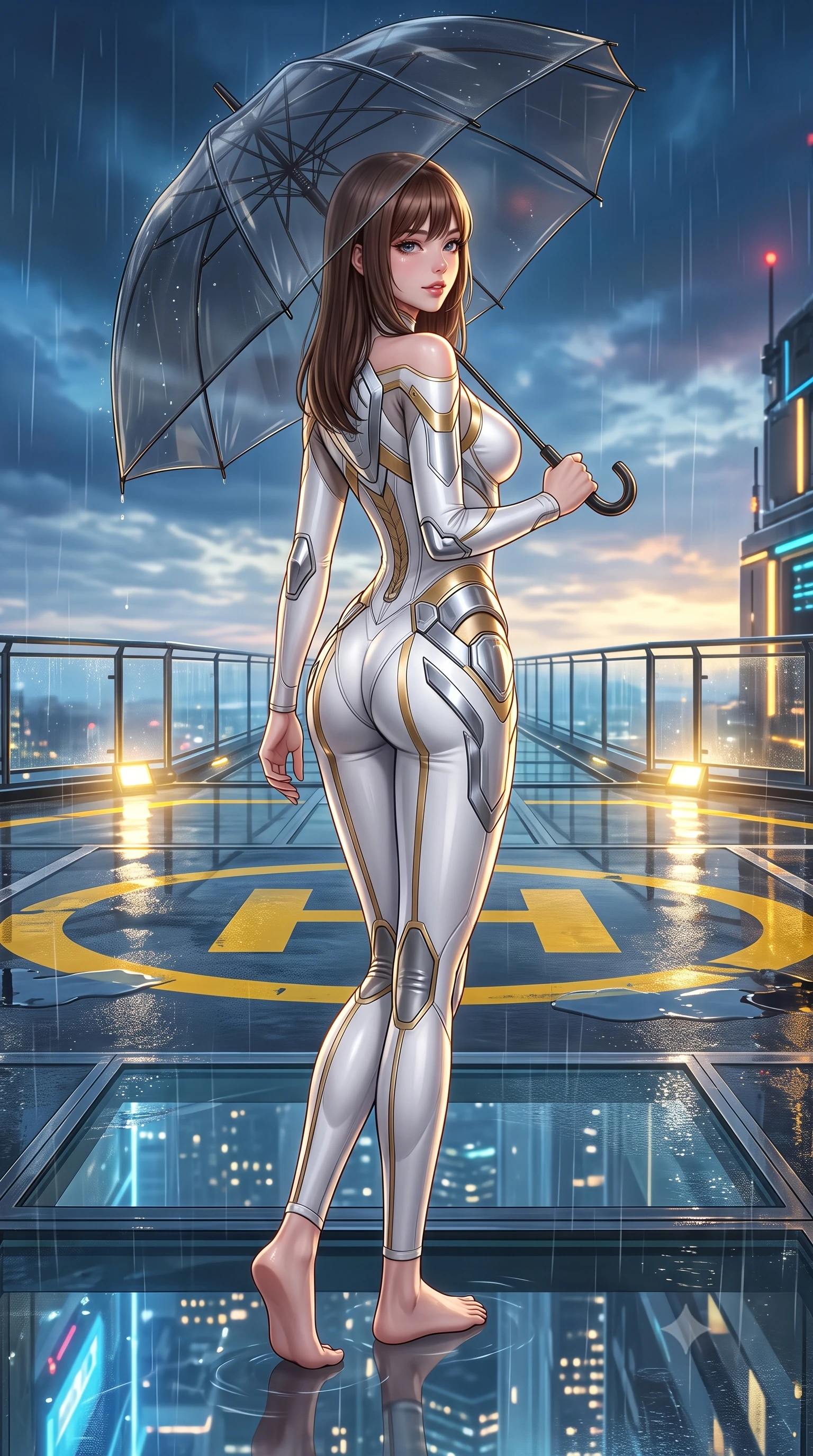 score_9, masterpiece, best quality, ultra-detailed, high-budget anime keyframe, semi-realistic 3D game render, editorial fashion photography, tasteful artistic composition, Korean woman. low angle full-body shot from head to toe showing her feet, filling the entire 9:16 vertical frame with her statuesque presence, stretching her vertical silhouette. walking slowly along the transparent glass skybridge, looking back over her shoulder with an air of effortless grace and an alluring, smoldering smile while standing poised on the wet reflective helipad under a black transparent umbrella, arching her back with sovereign supermodel poise. The surrounding environment is rendered in vivid detail and crisp panoramic clarity: sharp wet tarmac puddle specular highlights, illuminated yellow helipad markings, and rain streak clarity in deep focus. She has an absolutely perfect, statuesque 8.5-heads proportion, an exceptionally tall and slender model-like female figure with impossibly long slender legs, an ultra-slim waist, a flat toned midriff, narrow delicate ribcage, and beautifully sculpted feminine hips creating a graceful, slim hourglass silhouette without any bulky heaviness. sharp v-shaped jawline, high-bridge nose, intricate jewel-like sparkling eyes with depth, thick eyelashes, glossy parted lips with a natural sheen, bright confident smile with an enchanting and coquettish sensual glint, exuding both youthful magnetic charm and sovereign high-tech allure, flawlessly proportioned anatomical accuracy, strict slender model proportions, natural body alignment, perfectly sculpted long slender limbs, ultra-slim waistline, clean dynamic posture without body distortion. wearing a form-fitting white-and-gold zero-gravity EVA jumpsuit with an ultra-slim corseted waist and exposed clavicle line in pure alabaster white and brushed silver accents, tailored from brushed aeronautical titanium alloy with matte satin sheen, accented with strategically placed chrome armor plate guards covering key curves, the form-fitting tactical tailoring adhering flawlessly to her sculpted flat midriff and slender torso, emphasizing her long leg lines and perfectly proportioned willowy build. illuminated by helipad floodlights and sharp golden rim lights defining her sculpted collarbones, ultra-slim waist, and curvy hips. highly saturated vibrant anime colors, detailed shading with soft gradients, rich glossy textures, high-contrast stereoscopic depth, volumetric dynamic lighting, master piece, 9:16 ratio