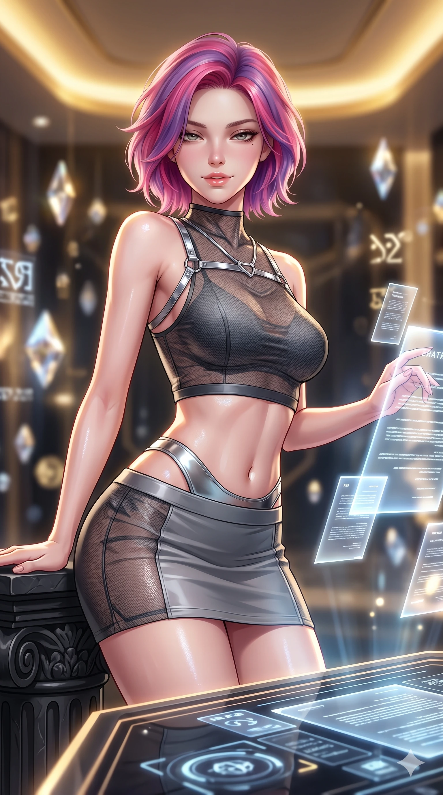 score_9, masterpiece, best quality, ultra-detailed, high-budget anime keyframe, semi-realistic 3D game render, editorial fashion photography, tasteful artistic composition, Caucasian woman. close-up cowboy shot from the waist and thighs up, the character dominates the composition, filling the frame with her large presence. leaning forward over the holographic console while arching her lower back to accentuate her curvy hips, looking into the camera with an intoxicating smoldering bedroom-gaze while leaning against the carved black stone rostrum with hips cocked back, looking through floating luminous treaty documents with heavy-lidded seductive eyes. The background shows a soft-focus floating holographic glyphs and crystal refractions blurred into gold, platinum, and deep obsidian bokeh. She has an exceptionally elegant, slender, and willowy female figure with an ultra-slim waist, flat toned midriff, narrow ribcage, and sculpted feminine hips creating an alluring, slim hourglass silhouette without bulk. sharp v-shaped jawline, high-bridge nose, intricate jewel-like sparkling eyes with depth, thick eyelashes, glossy parted lips with a natural sheen, bright confident smile with an enchanting and coquettish sensual glint, exuding both youthful magnetic charm and sovereign high-tech allure, flawlessly proportioned anatomical accuracy, strict slender model proportions, natural body alignment, perfectly sculpted long slender limbs, ultra-slim waistline, clean dynamic posture without body distortion. wearing a body-hugging modern carbon-alloy crop top paired with a low-rise tactical skirt and a subtle waist cut-out in reflective liquid mercury and matte phantom grey, crafted from sheer technical cyber-lace reinforced with ultra-thin Kevlar threads, accented with a chrome-drop body harness subtly framing her dewy collarbones and spine, the bespoke structured tailoring following the natural line of her 8.5-heads silhouette with refined elegance. bathed in the prestigious warm 2800K glow of recessed golden cove lighting mixed with crisp cold white crystal data projections. highly saturated vibrant anime colors, detailed shading with soft gradients, rich glossy textures, high-contrast stereoscopic depth, volumetric dynamic lighting, master piece, 9:16 ratio