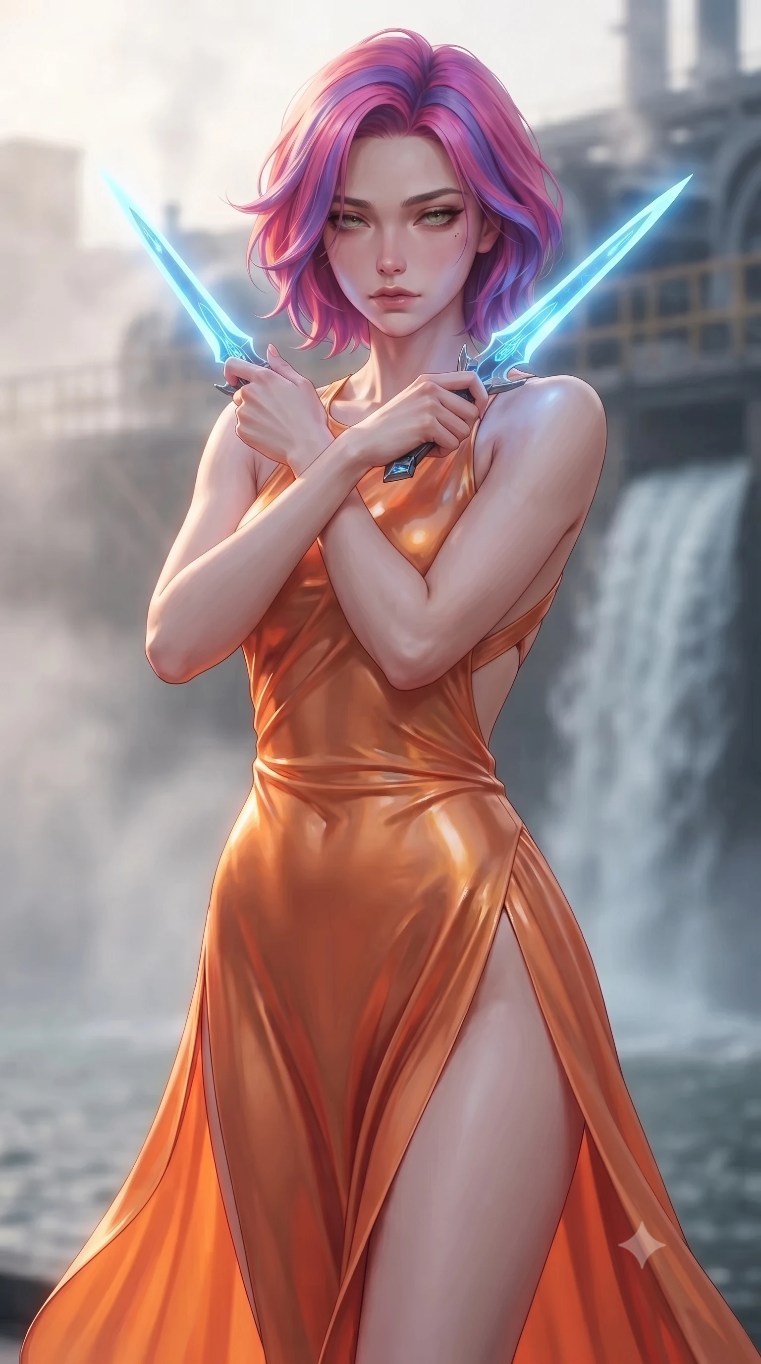 score_9, masterpiece, best quality, ultra-detailed, high-budget anime keyframe, editorial fashion photography, tasteful artistic composition, Caucasian woman. close-up cowboy shot from the waist and thighs up, the character dominates the composition, filling the frame with her large presence, background elements kept in soft focus. holding two energy daggers crossed in front of her elegant collarbone, casting a heavy-lidded, sultry look, the background shows a soft-focus a steam turbine deck facing a misty waterfall of industrial cooling water. She has an exceptionally elegant, slender, and willowy female figure with an ultra-slim waist, a gracefully sculpted slender torso, and a refined silhouette. sharp v-shaped jawline, high-bridge nose, intricate jewel-like eyes with depth, thick eyelashes, glossy lips with a natural sheen. wearing a form-contouring high-slit space combat gown in sunset orange chiffon, featuring a daring thigh-slit and an open-back design. soft morning mist diffusing the sunlight, creating a tranquil, cozy wash. ultra-reflective glossy finish, specular highlights, metallic sheen, high-contrast stereoscopic depth, volumetric dynamic lighting, 2k, ultra detail, master piece, 9:16 ratio