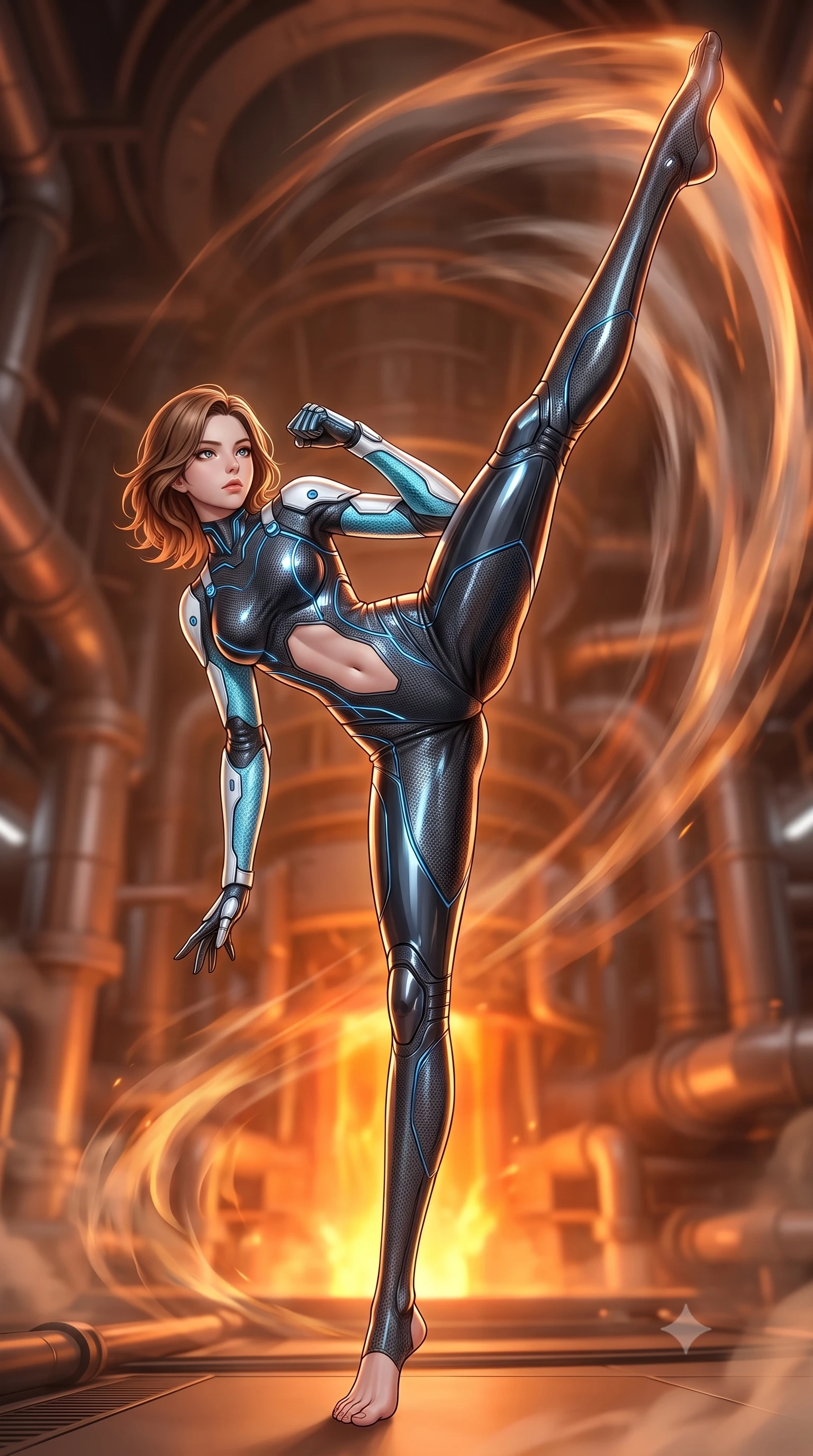 score_9, masterpiece, best quality, ultra-detailed, high-budget anime keyframe, semi-realistic 3D game render, editorial fashion photography, tasteful artistic composition, Korean woman. low angle full-body shot from head to toe showing her feet, filling the entire 9:16 vertical frame with her statuesque presence, stretching her vertical silhouette. executing a breathtaking zero-gravity high-kick with full 180-degree vertical extension, her impossibly long slender legs dominating the frame with razor-sharp poise while pivoting dynamically on one palm as her long slender leg sweeps through the air, creating a swirling vortex of heat waves. The composition keeps background elements in soft focus with creamy bokeh. massive industrial reactor pipes and steam exhaust turbines softened in atmospheric shallow focus. She has an absolutely perfect, statuesque 8.5-heads proportion, an exceptionally tall and slender model-like female figure with impossibly long slender legs, a toned flat midriff, and an ultra-slim waist. sharp v-shaped jawline, high-bridge nose, intricate jewel-like eyes with depth, thick eyelashes, glossy lips with a natural sheen, flawlessly proportioned anatomical accuracy, strict slender model proportions, natural body alignment, perfectly sculpted long slender limbs, ultra-slim waistline, clean dynamic posture without body distortion. wearing an aerodynamic dark titanium carbon-mesh jumper with glowing blue fiber lines and reinforced Damascus-pattern arm guards in glacial ice-cyan carbon mesh with pure white armor plates, formed from high-gloss patent carbon-plating with specular chiaroscuro reflections, finished with high-mobility flexible limb seams and miniature magnetic armor locks, the precision-cut daring openings accentuating her delicate midriff, graceful bare collarbones, and ultra-slim feminine waistline. bathed in blazing orange magma uplights and warm amber reactor ambient radiance. rich saturated anime colors with glowing neon highlights, detailed shading with soft gradients, rich glossy textures, high-contrast stereoscopic depth, volumetric dynamic lighting, master piece, 9:16 ratio