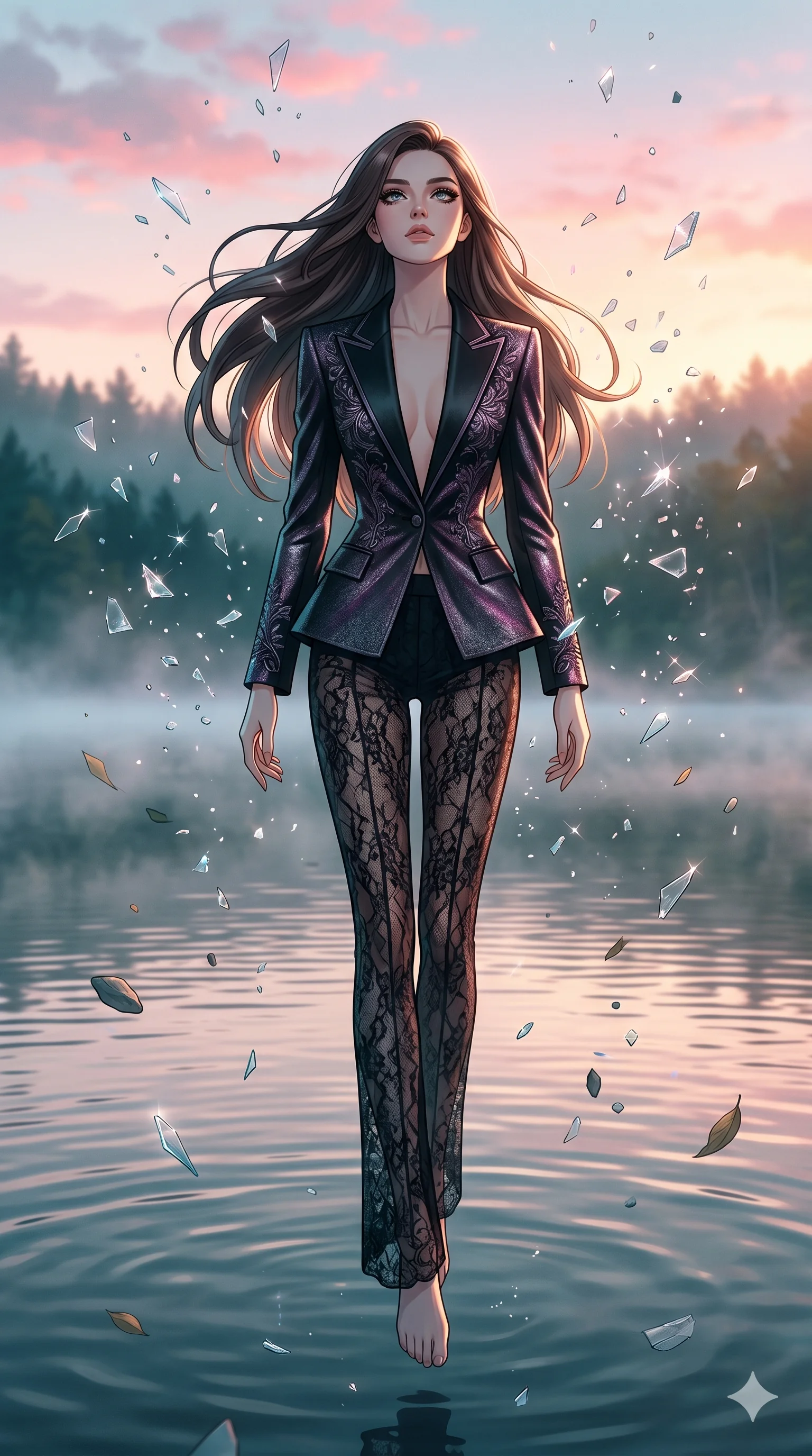 score_9, masterpiece, best quality, ultra-detailed, Set A: High-budget Anime Keyframe, Caucasian (strictly human ears) woman. Low angle cowboy shot filling the entire 9:16 frame with her statuesque presence. Floating through a misty lakeside at dawn, as gravity fails and everything around her floats in state 166 and surrounded by shattered glass fragments. She has an absolutely perfect 8-heads proportion, an exceptionally tall and slender female figure with impossibly long slender legs and an ultra-slim waist. Sharp v-shaped jawline, high-bridge nose, intricate jewel-like eyes with depth, thick eyelashes, glossy lips with a natural sheen. Wearing High-fashion structured blazer with nothing underneath, paired with sheer lace trousers. Cinematic lighting, vibrant colors, dramatic shadows, 2k, ultra detail, master piece, 9:16 ratio