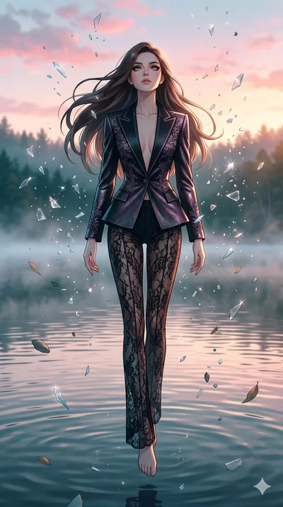 score_9, masterpiece, best quality, ultra-detailed, Set A: High-budget Anime Keyframe, Caucasian (strictly human ears) woman. Low angle cowboy shot filling the entire 9:16 frame with her statuesque presence. Floating through a misty lakeside at dawn,