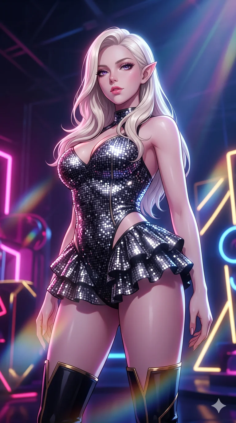 score_9, masterpiece, best quality, ultra-detailed, semi-realistic high-budget anime keyframe, an incredibly beautiful Caucasian elf-like with pale skin woman. Low angle cowboy shot filling the frame. She has an absolutely perfect 8-heads proportion, an exceptionally tall female figure with long slender legs and a voluptuous body. Her face is a highly detailed masterpiece featuring a v-shaped jawline, high-bridge nose, intricate jewel-like eyes, thick eyelashes, and glossy lips. She has platinum blonde flowing hair. She is wearing a seductive high-cut idol stage costume covered in sparkling sequins, ruffled mini skirt, highlighting her alluring silhouette. Cinematic music video set, glowing neon props, dramatic rim lighting, cinematic shadows, 2k, ultra detail, master piece, 9:16 ratio